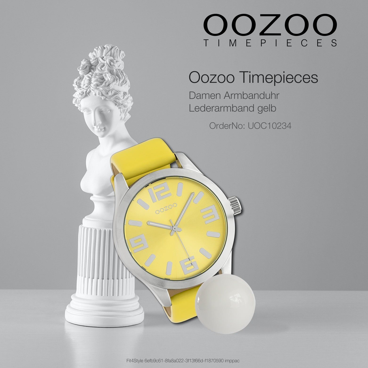 OOZOO Quarzuhr Oozoo Damen Armbanduhr gelb Analog, (Analoguhr), Damenuhr rund, extra groß (ca. 46mm) Lederarmband, Fashion-Style