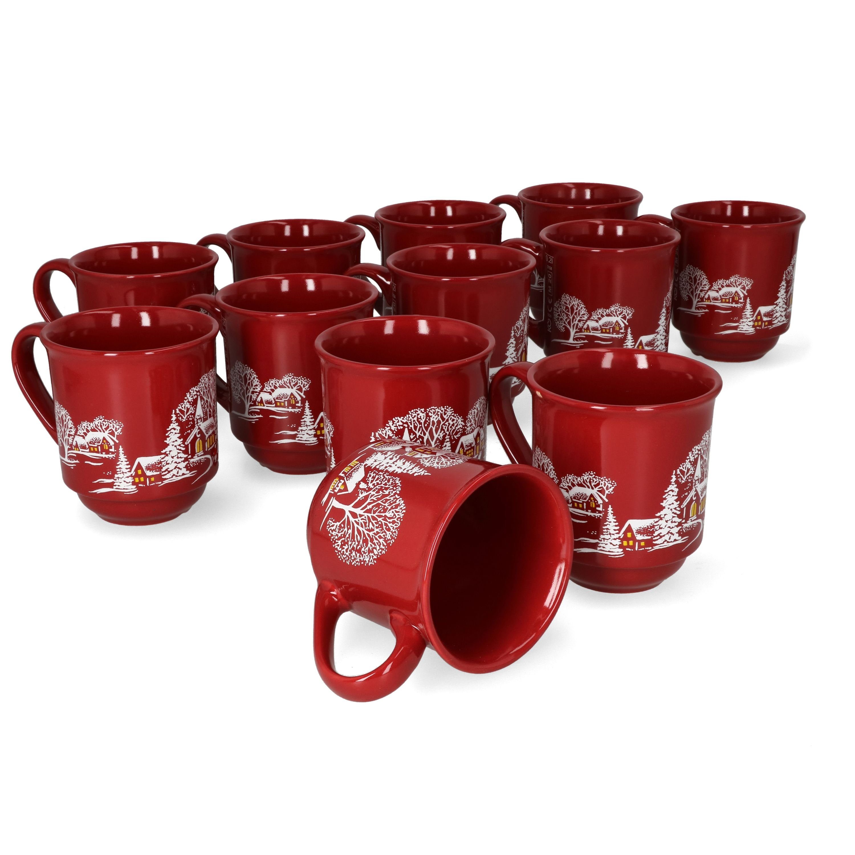 MamboCat Tasse 12er Set Glühweinbecher dunkelrot Weihnachtslandschaft 0,2L geeicht, Keramik, Weihnachtsgeschirr, Weihnachten, Weihnachtsmarkt, Punsch