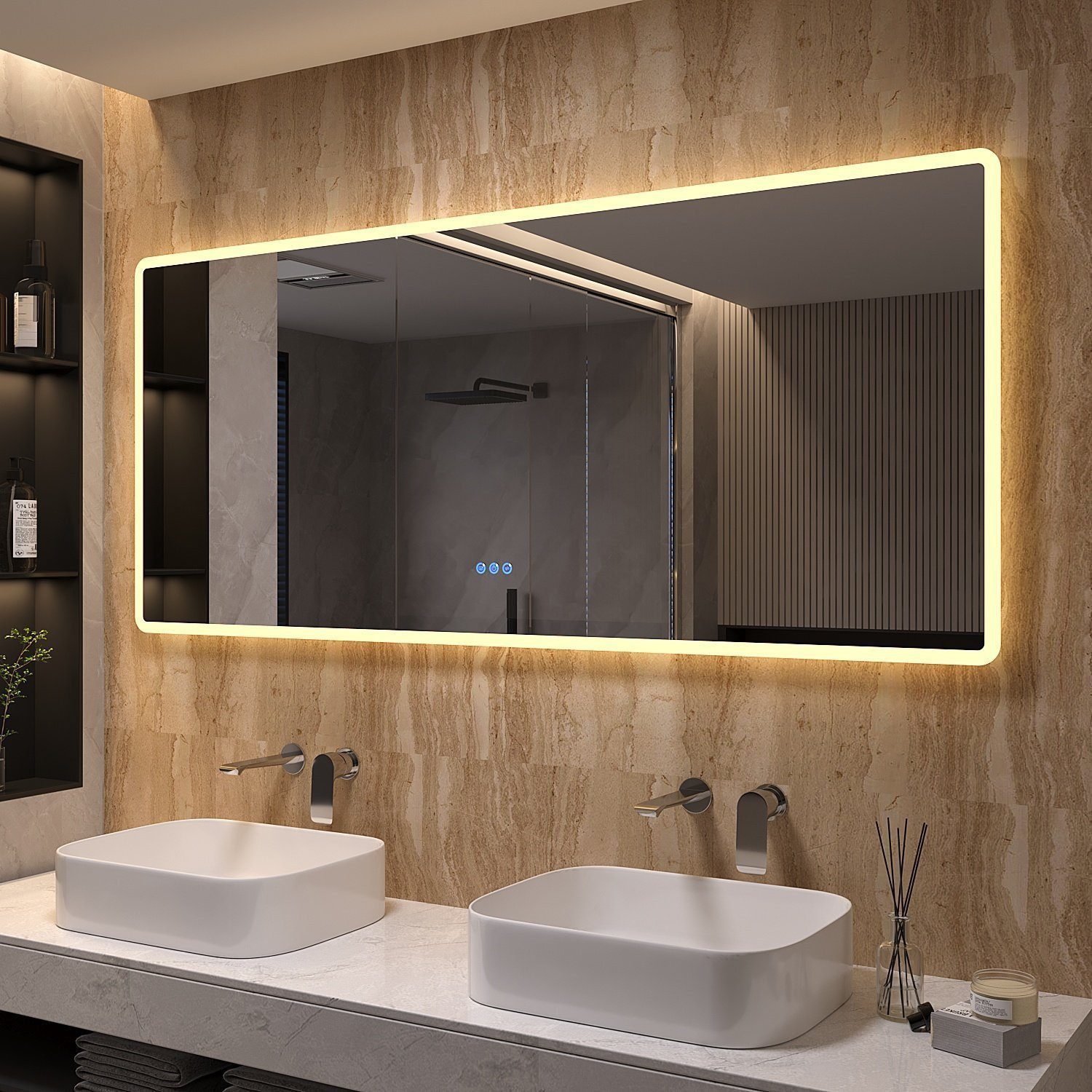 AQUALAVOS Badspiegel Badspiegel 100-160cm mit LED Beleuchtung Lichtspiegel Wandspiegel, Beschlagfrei, Kalt/Warm Licht, dimmbar, Helligkeit-Speicherfunktion