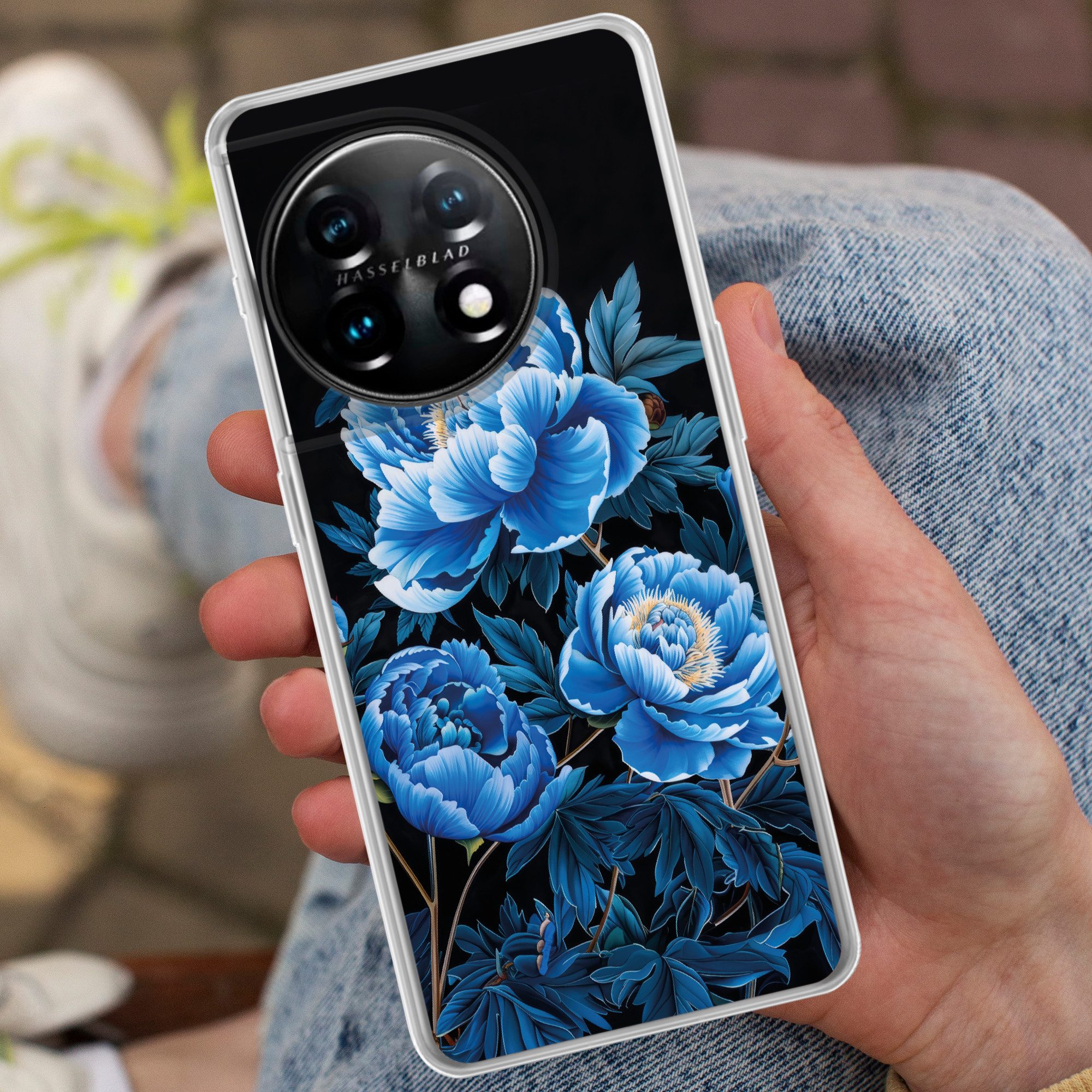 MuchoWow Handyhülle für OnePlus 11 Blumen - Schwarz - Blau - Modern, Handy Case, Silikon, Bumper Case Dünn