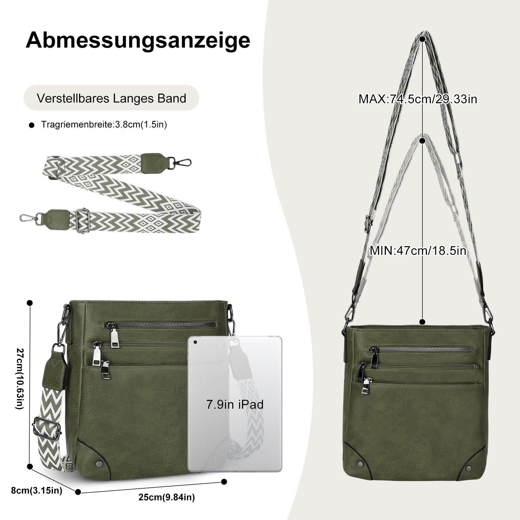 TAN.TOMI Umhängetasche Damen Mittelgroß Schultertasche Mehrere Taschen Crossbody Bag, Mit Verstellbarem Gurt für Schule Arbeit Reisen Ausflug Einkauf