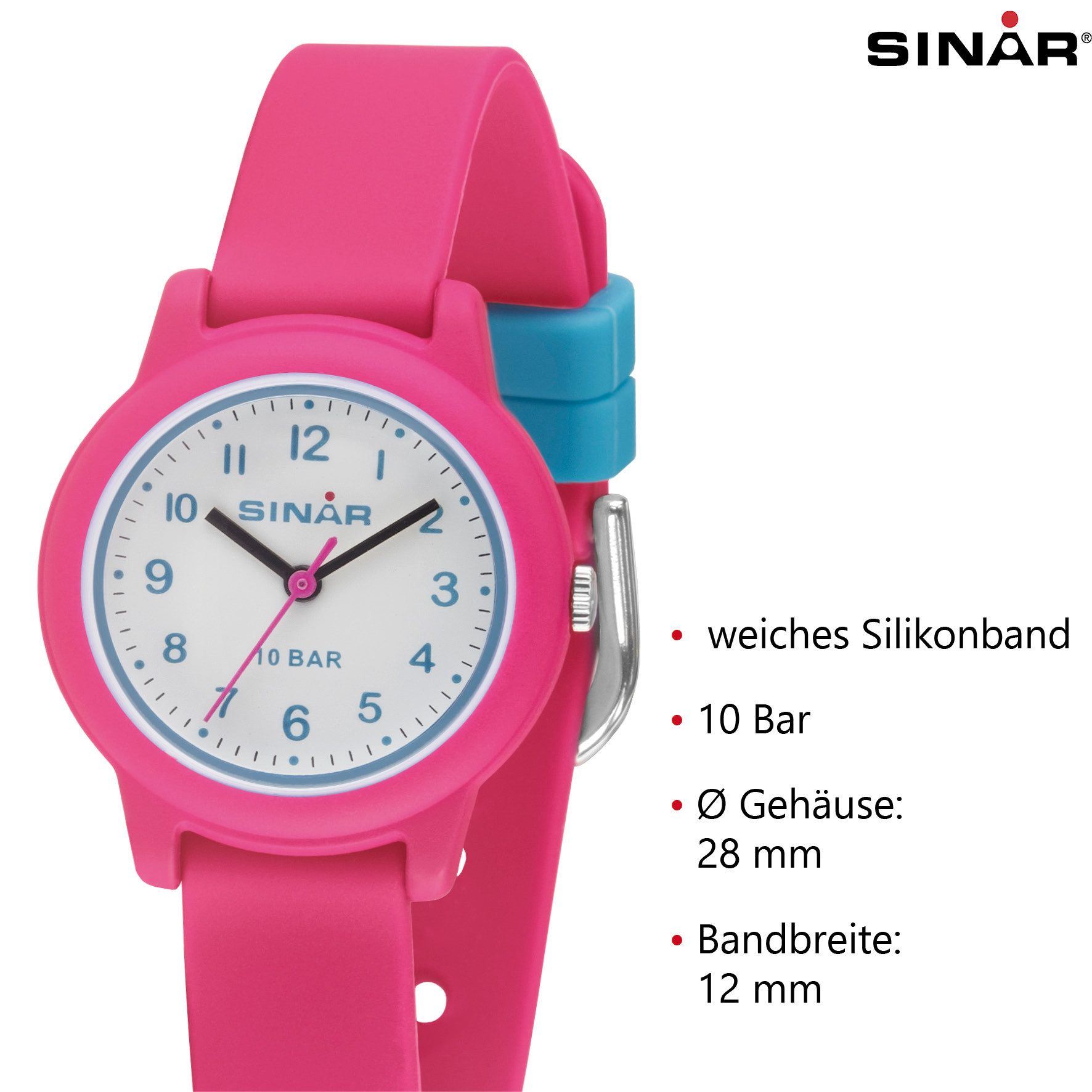 SINAR Quarzuhr XB-24 Mädchen Kinderuhr Sportuhr Silikonband 10 bar, analog sportlich modern Geschenkidee Mädchen Ø 28 mm