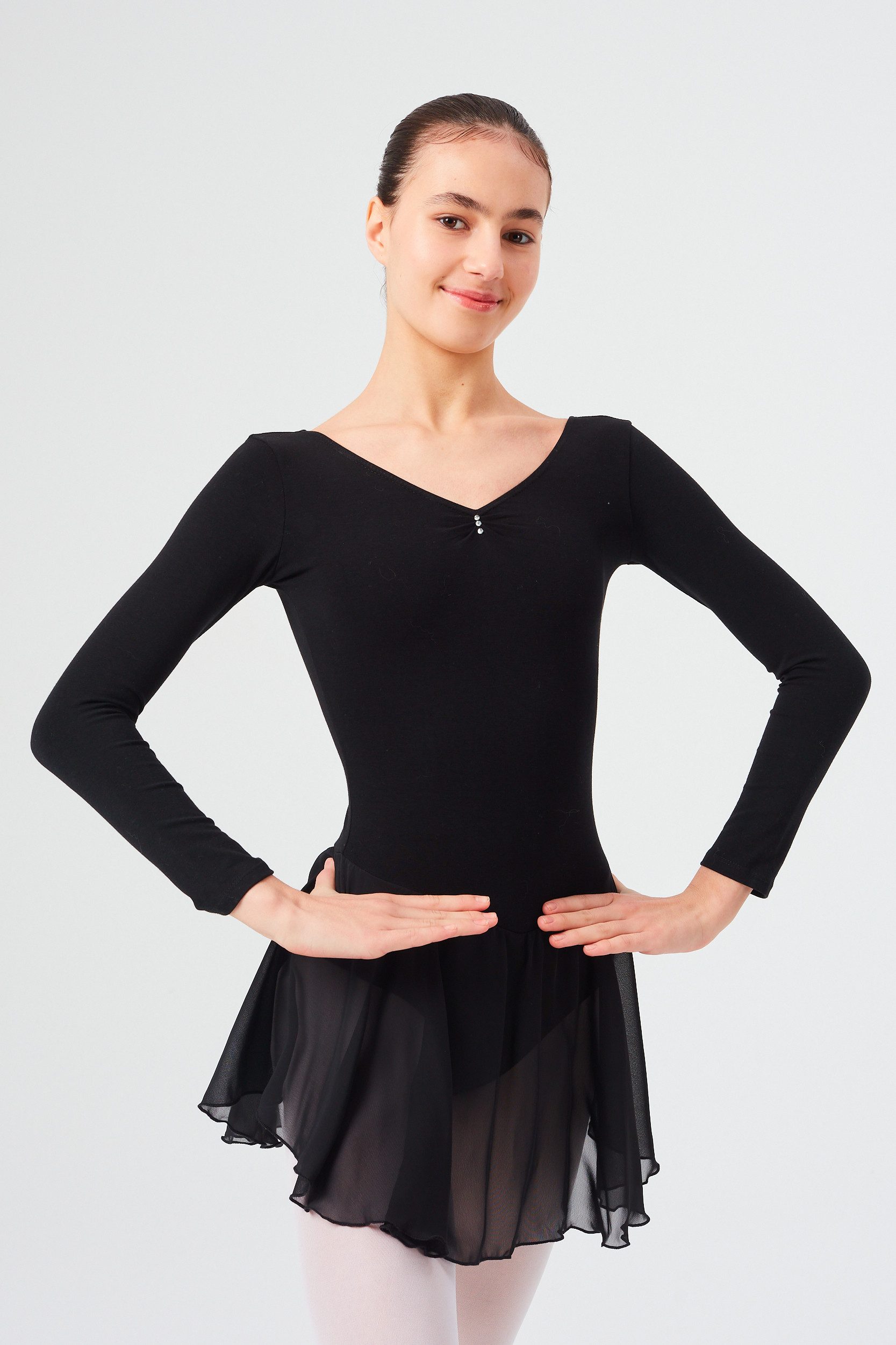 tanzmuster Chiffonkleid Ballettkleid Anna mit Glitzersteinen Mädchen Ballettbody mit Chiffon Röckchen