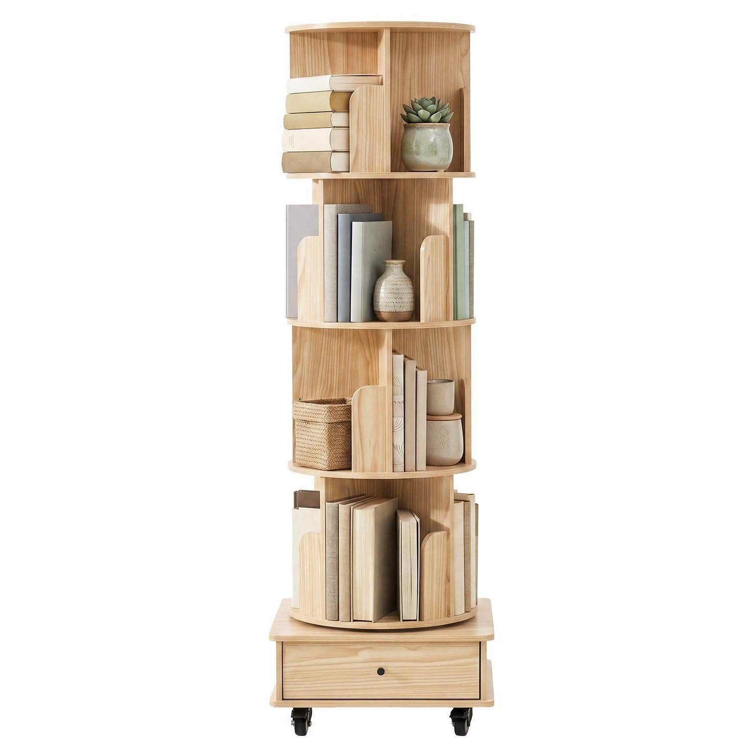 LuxusKollektion Bücherregal Bücherregal Drehbar 5 Ebenen Naturholz mit Schublade, 1-tlg.