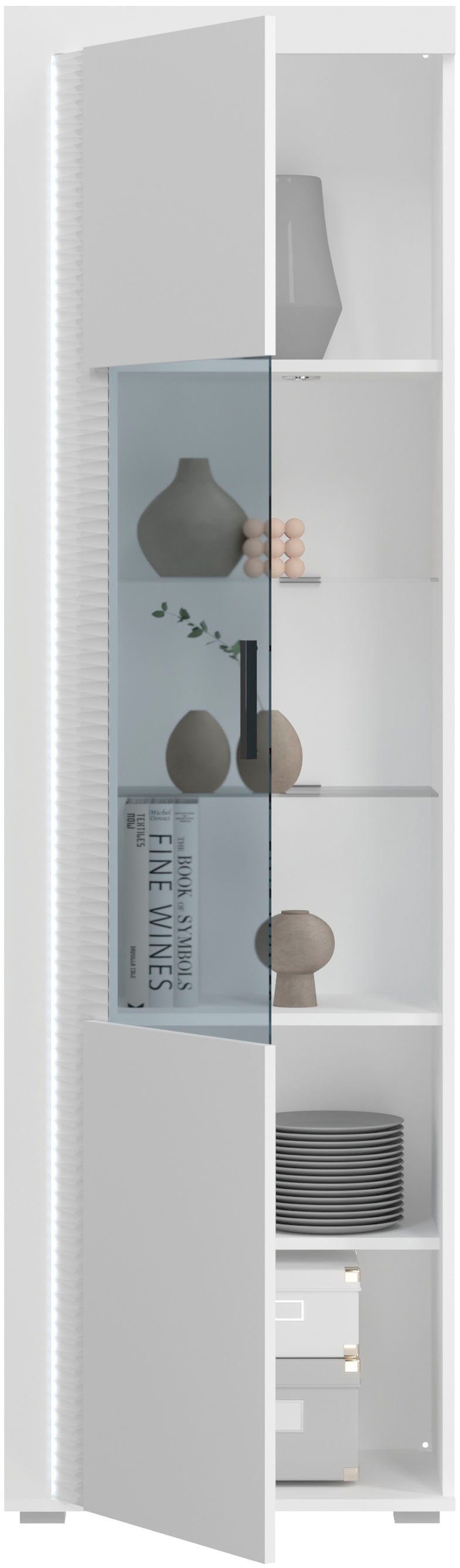 Home affaire Vitrine Viborg, Höhe 202cm, ink. vertikaler Frontbeleuchtung, li/re montierbar 1 Tür, 6 Fächer, 2 Glaseinlegeböden, 1 höhenverstellbarer Einlegeboden
