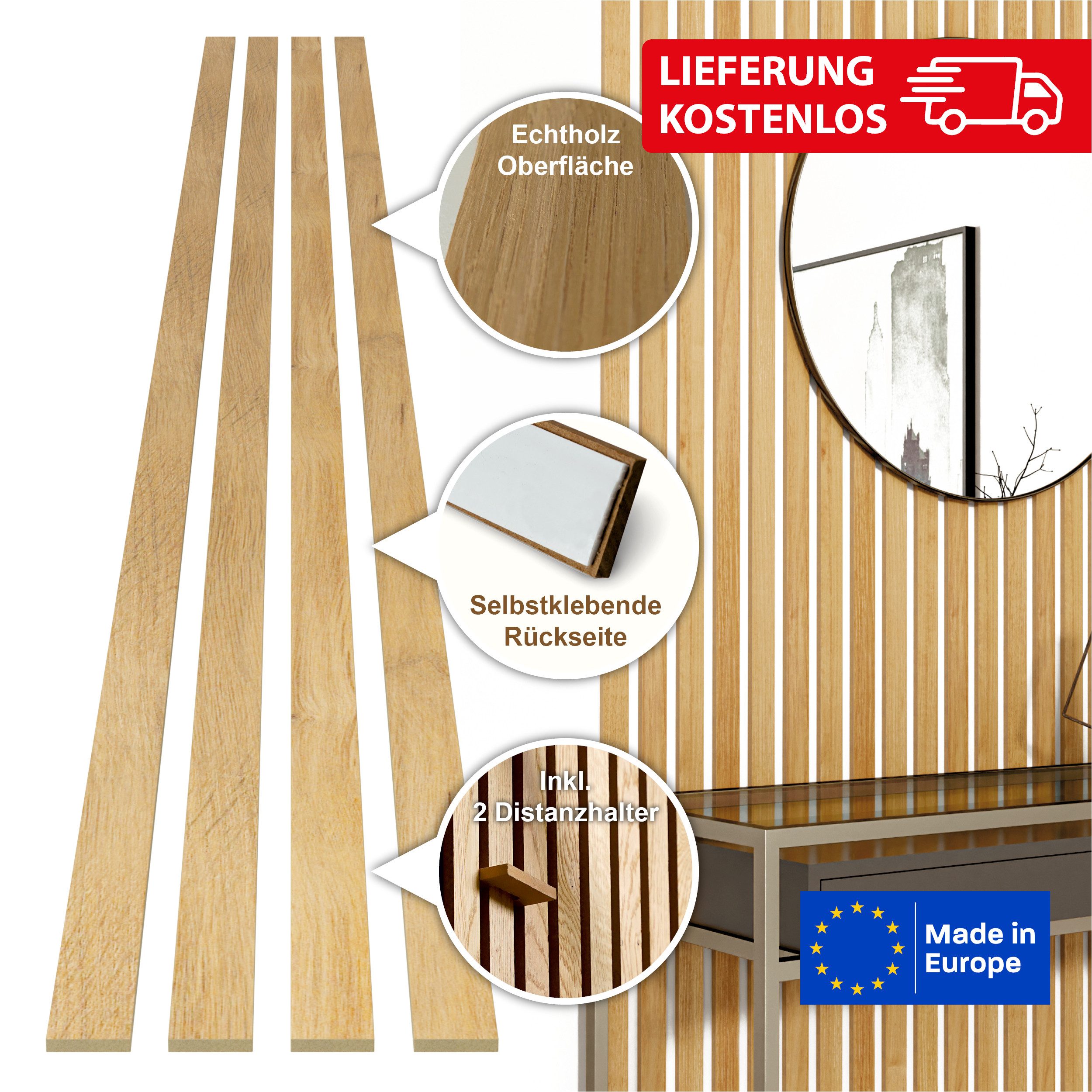 acous Wandpaneel Stix FSC® Premium Echtholzfurier (selbstklebend), BxL: 3,45x250,00 cm, 0,51 qm, (Set, 4-tlg., Paket mit 4 selbstklebenden Leisten, Versandkoste – Bild 2 von 5