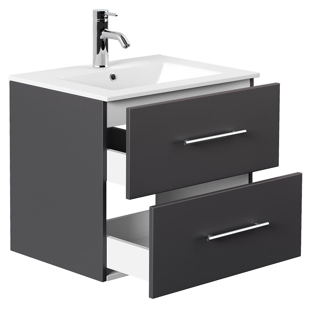 einfachgutemoebel Waschtisch-Set KUBOA Waschplatz 60cm Grafit Seidenmatt mit Keramikbecken, (Badmöbel Set, 1-St., Waschtisch Set)