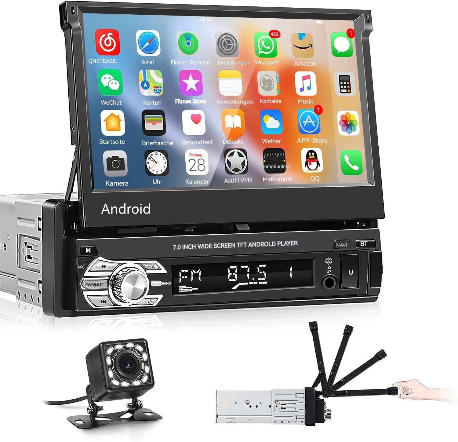 Hikity Android 1Din 7'' Touchscreen GPS Navigation mit Rückfahrkamera Autoradio (Online-Musik, Navigation, App-Downloads, Digitalradio (DAB), WiFi, GPS, FM/RDS, Dual-USB, AUX)