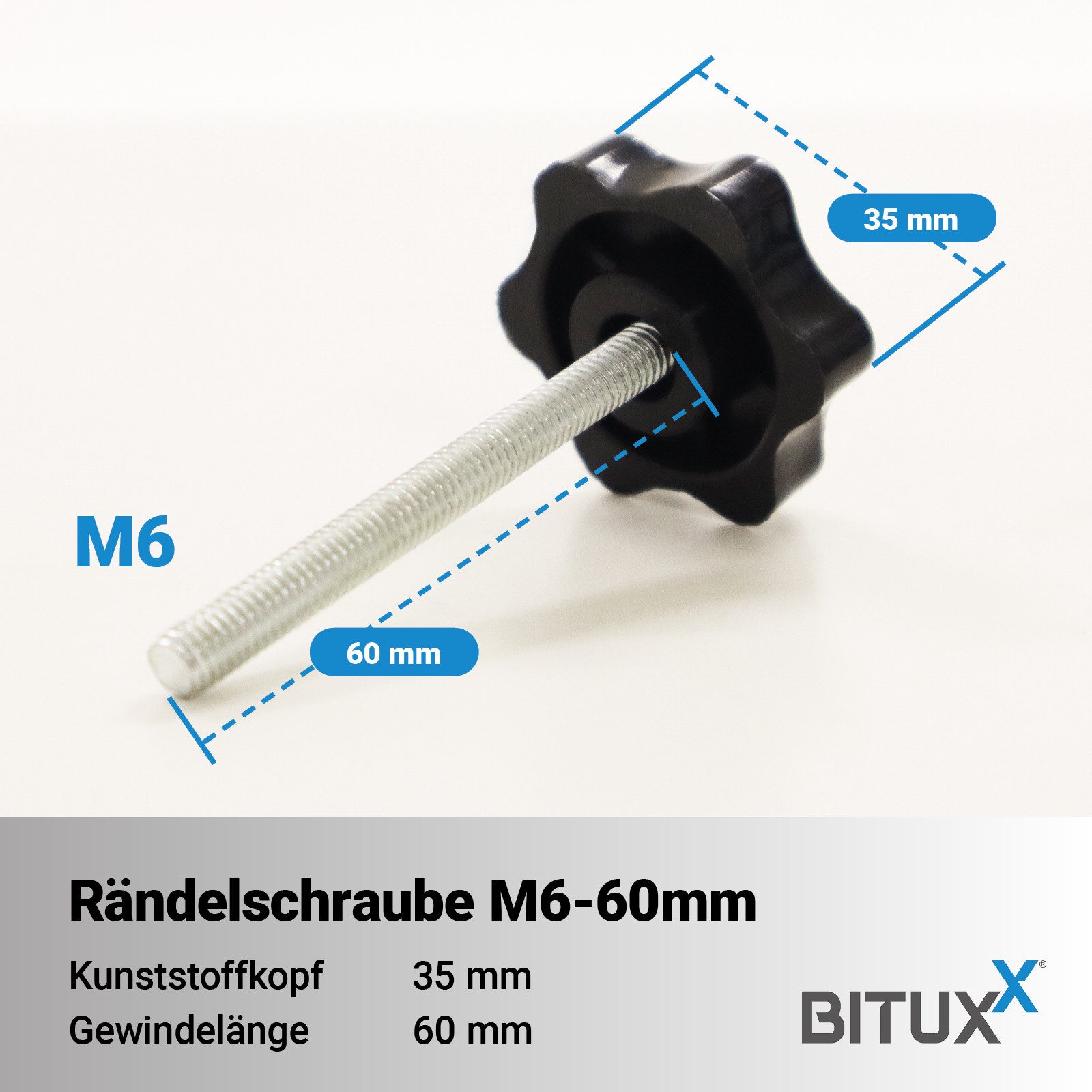 Bituxx Stockschraube M6 - 60 mm, (1 St., MS-19662), Werkzeugloses Fixieren