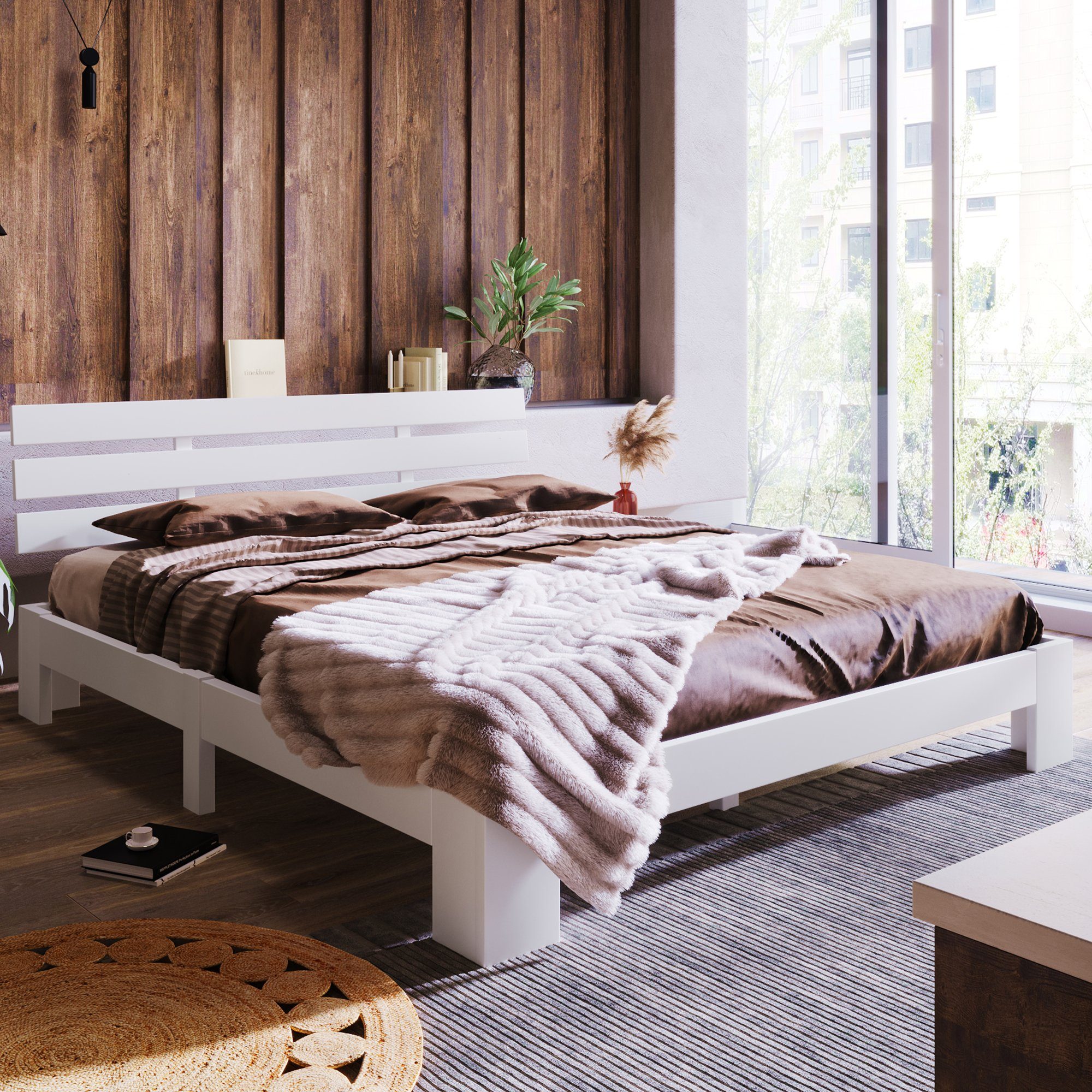 Massivholzbett (1-tlg., Maasivholzbett), Doppelbett mit Kopfteil und Lattenrost, 200 x 140 cm Futonbett