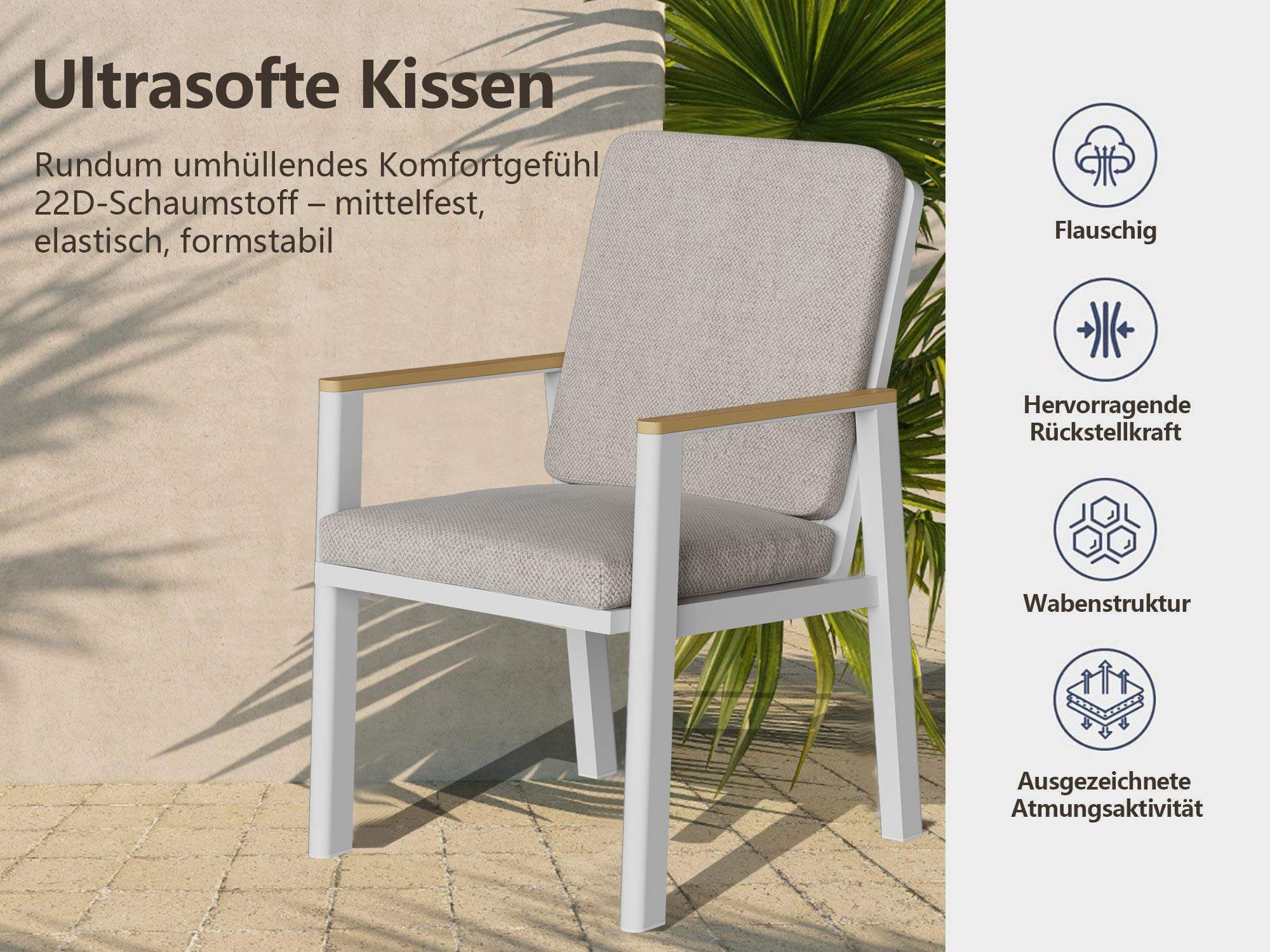 MeXo Gartenstuhl Aluminium Gartenmöbel Esstischstuhl mit Kissen (ergonomischen Sesseln, 2 St), Belastbarkeit pro Sitzplatz 140 kg