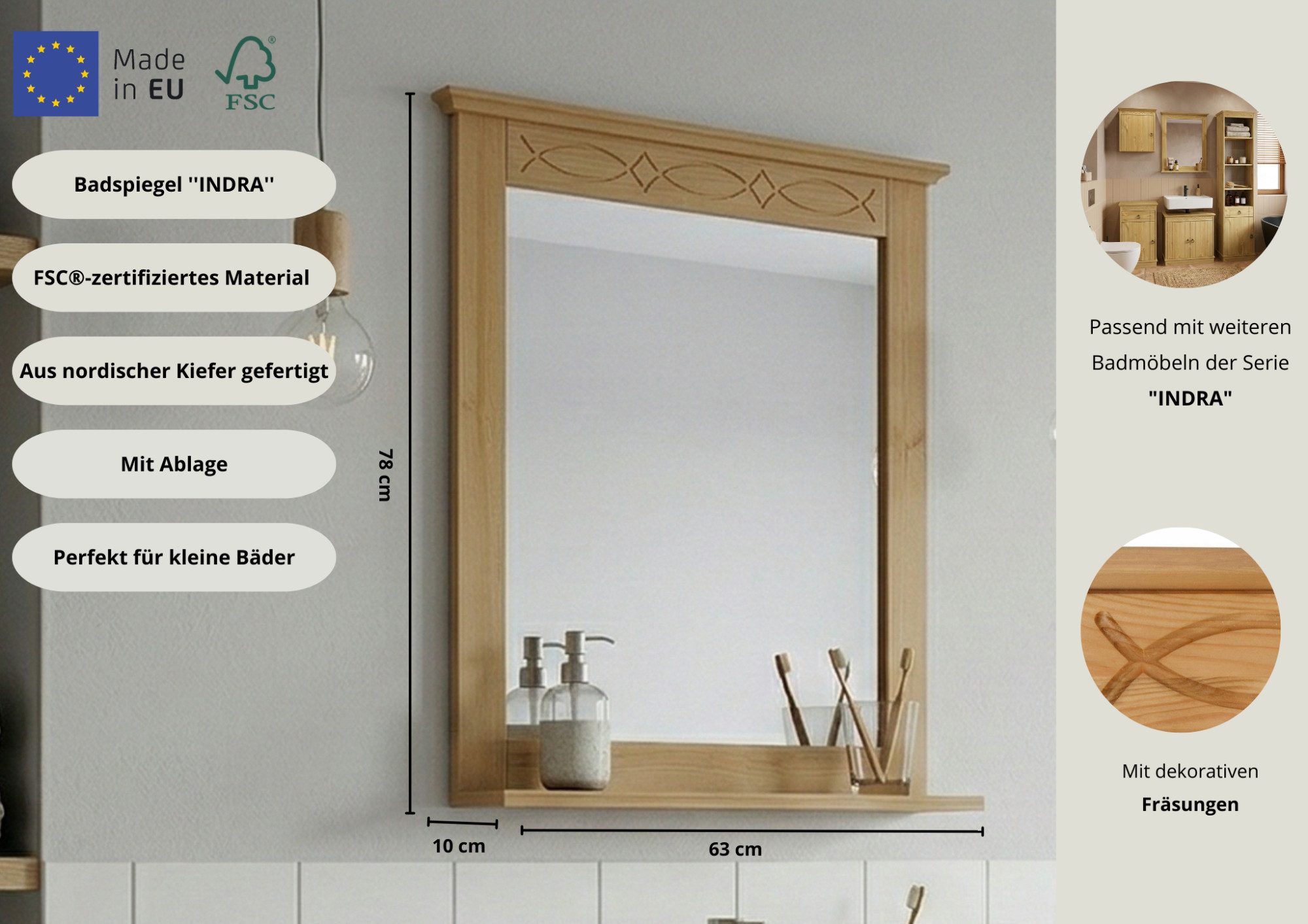 OTTO home Spiegel Indra (B/T/H: 63/10/78 cm), Rahmen aus massiver Kiefer, FSC®-zertifiziert