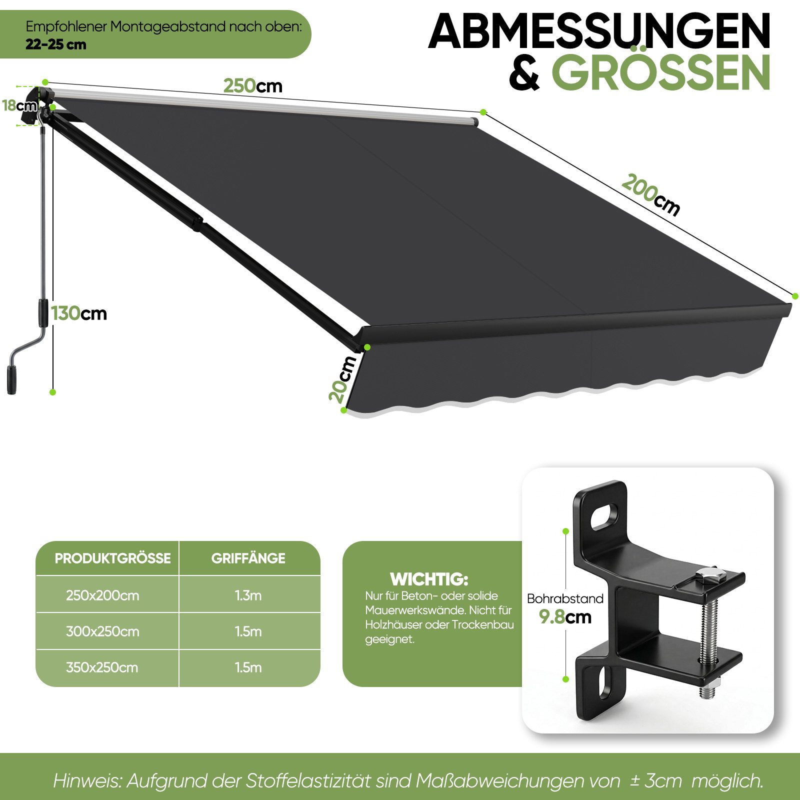 Sekey Gelenkarmmarkise Markise mit Handkurbel Balkon Sonnenschutz verstellbar Aluminium Sonnenmarkise manuelle, Wetterfest,250 × 200 cm, Anthrazit