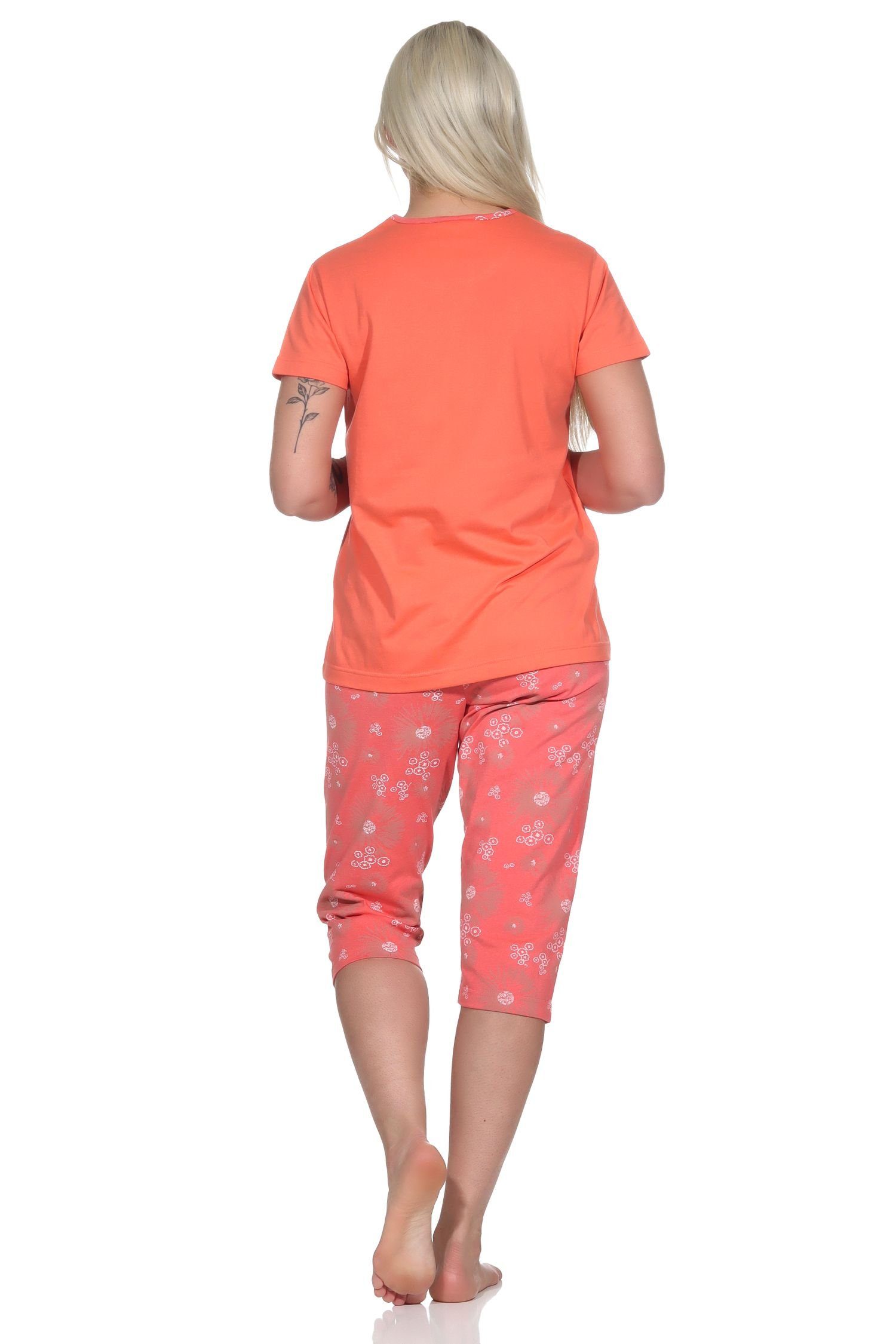 Normann Pyjama Damen kurzarm Schlafanzug geblümter mit in Caprihose apricot Optik
