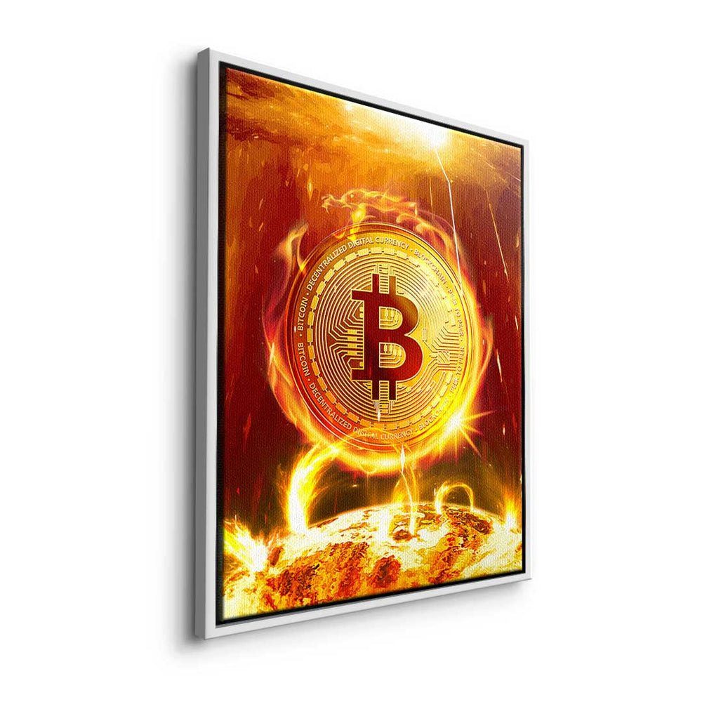 Motivatio - - DOTCOMCANVAS® weißer Rahmen Leinwandbild Crypto Bitcoin - Leinwandbild Trading Premium Bitcoin on Fire, Fire on -
