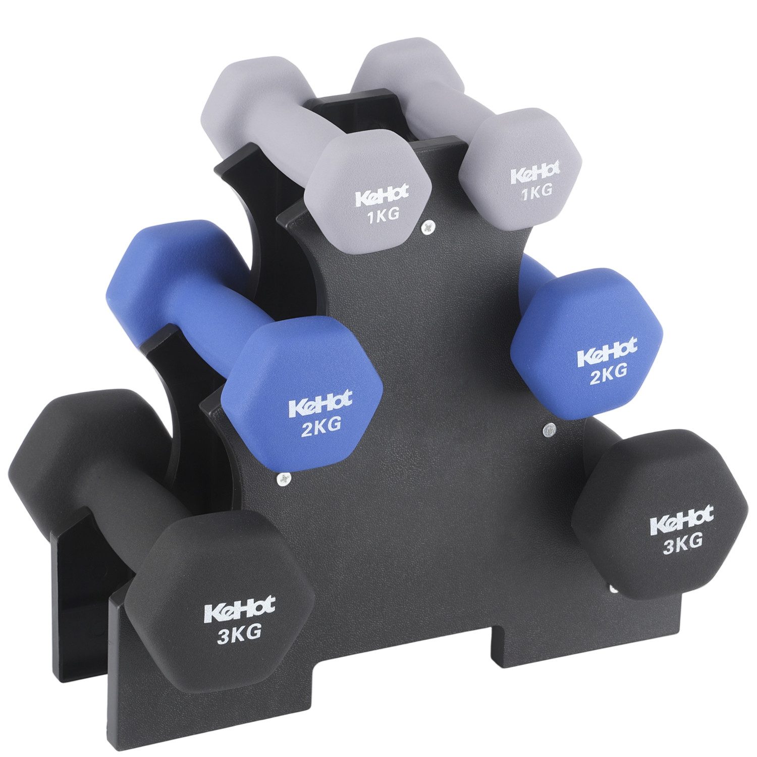 kehot Hantel-Set 6-tlg. Kurzhantel-Set aus Schaumstoff mit Wabenmuster - 2x1/2/3kg, (Rutschfeste Oberfläche, inkl. Ständer für Heimtraining, Fitnessstudio, Platzsparend Kurzhantel-Set für Krafttraining, Damen & Herren), Bestehend aus 2x Grauen, 2x Blauen