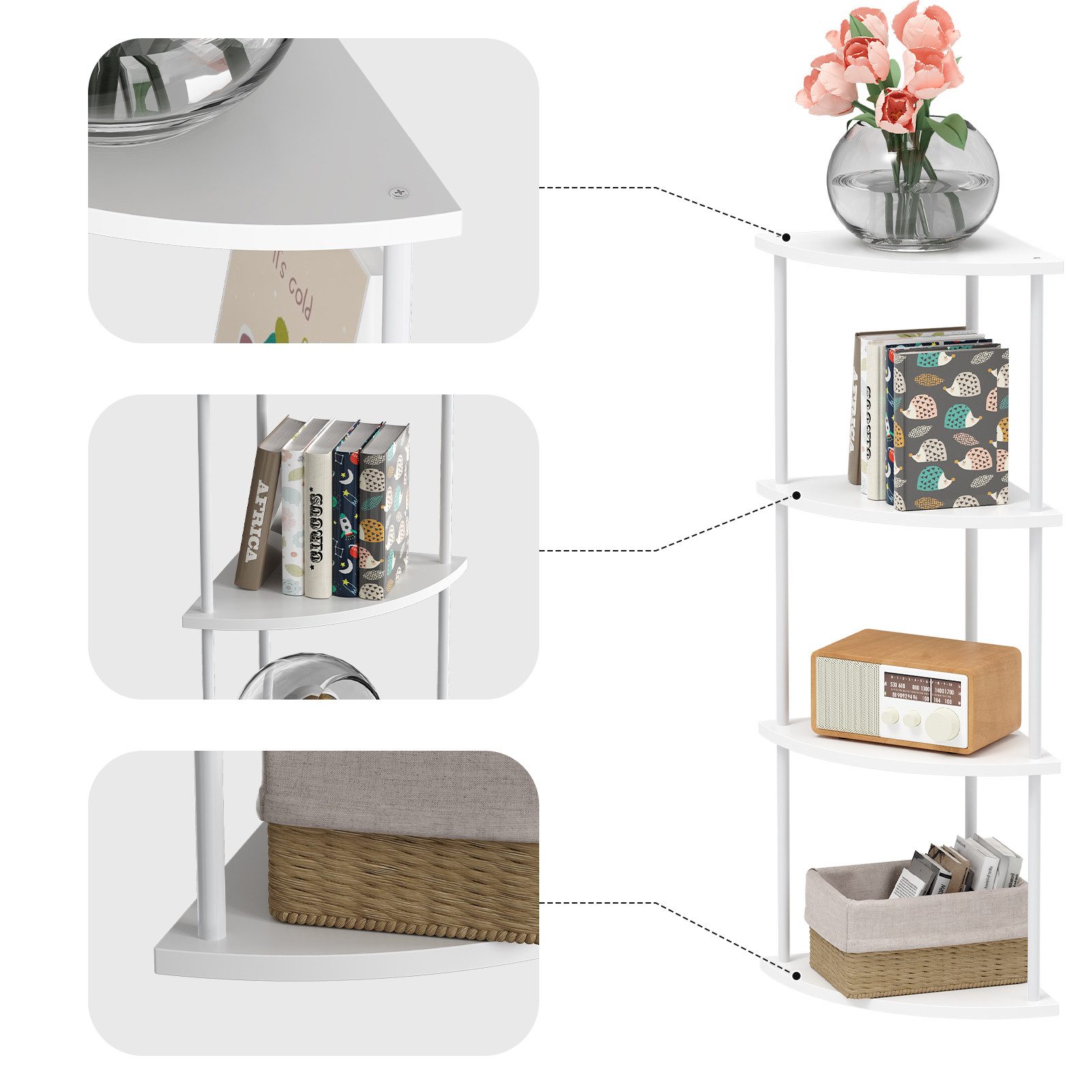 JEOBEST Eckregal Bücherregal mit 4 Ebenen, Aufbewahrungsregal, Pflanzenregal, H: 93cm, Industrial-Design, mit Stahlrahmen – Bild 5 von 5