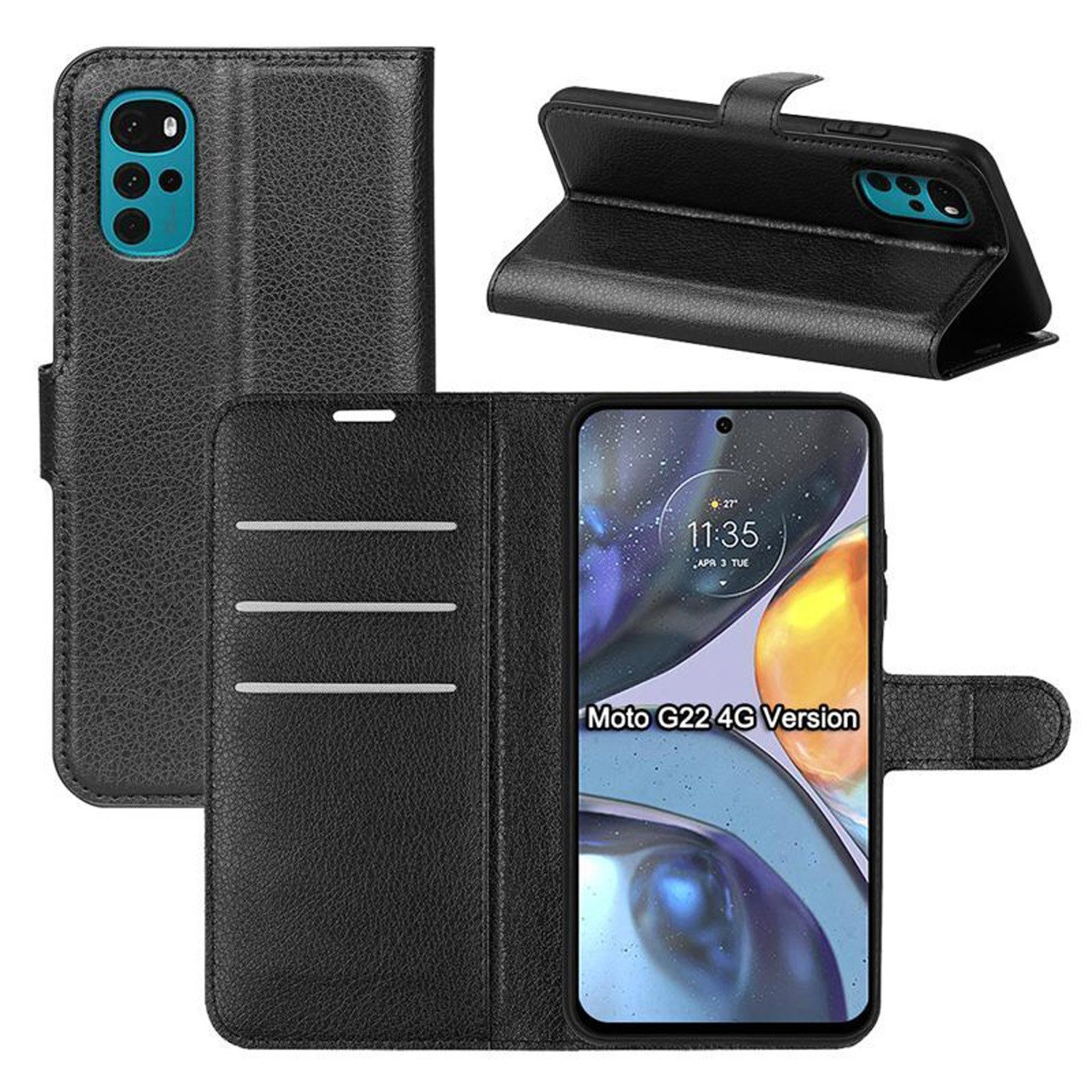 betterfon Handyhülle Handytasche für Motorola Moto G22 Klapphülle Schwarz, 3 Kartenfächer, Magnetverschluss & Standfunktion im Lederlook