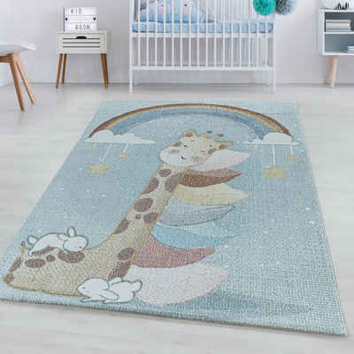 Teppich Giraffen-Design, SIMPEX24, Läufer, Höhe: 9 mm, Kinderteppich Giraffe-Design Blau Pflegeleicht Teppich Kinderzimmer