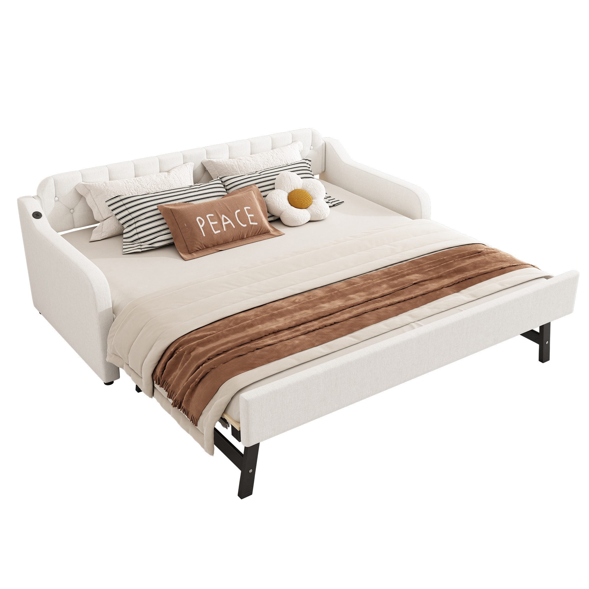 Merax Daybett, Tagesbett 90x200cm/180x200cm Schlafsofa mit Unterbett, Leinen