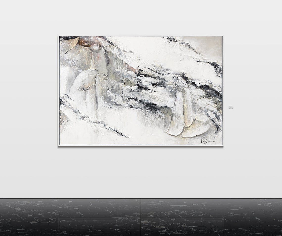 YS-Art Gemälde Renaissance , mit Rahmen Weiß Abstraktes Leinwand Handgemalt Bild Schwarz