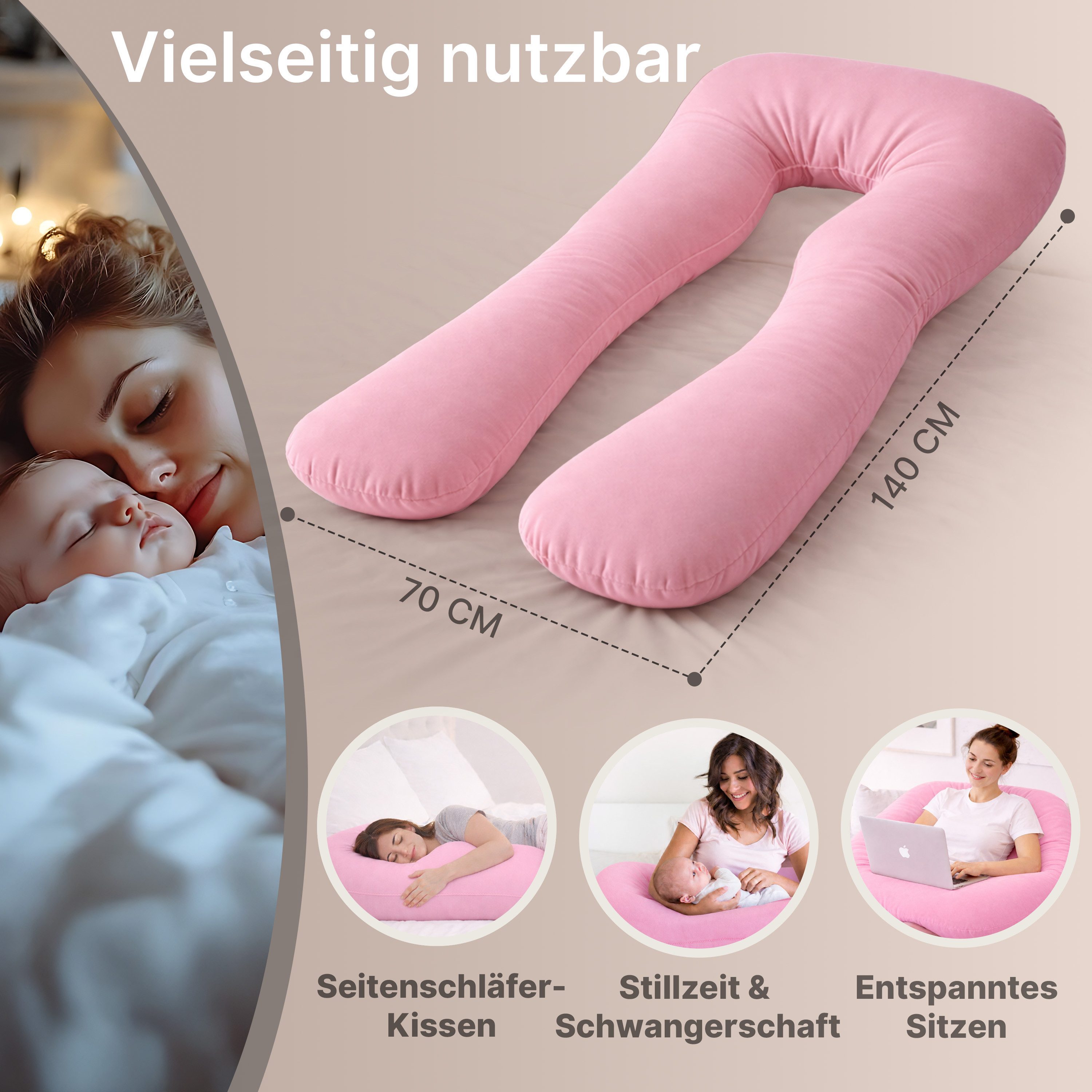 ELONEO Seitenschläferkissen XXL - Multifunktionskissen mit Bezug, formstabil, druckentlastend, bequem