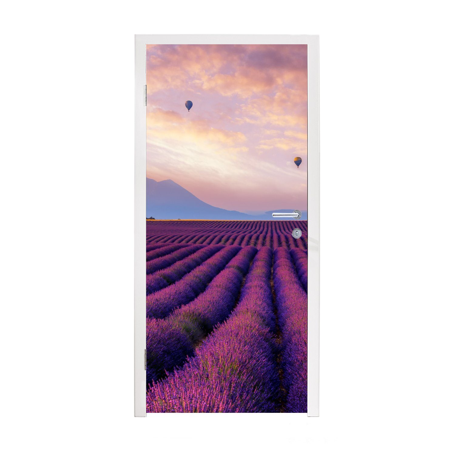 MuchoWow Türtapete Lavendel - Heißluftballon - Berg - Lila, Matt, bedruckt, (1 St), Fototapete für Tür, Türaufkleber, 75x205 cm
