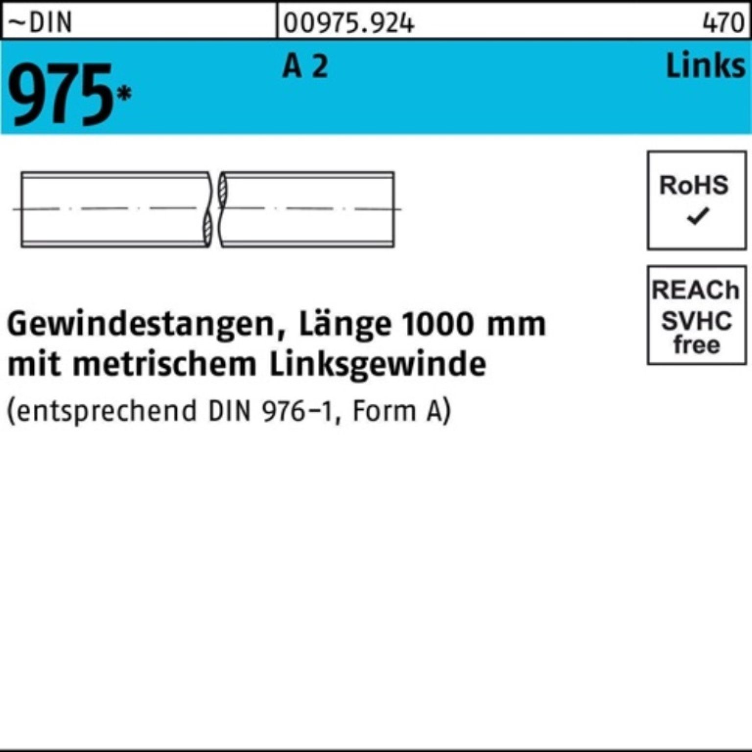 Reyher Gewindestange 100er Pack Gewindestange DIN 975 links M10 -LHx 1000mm A 2 1 Stück ~D