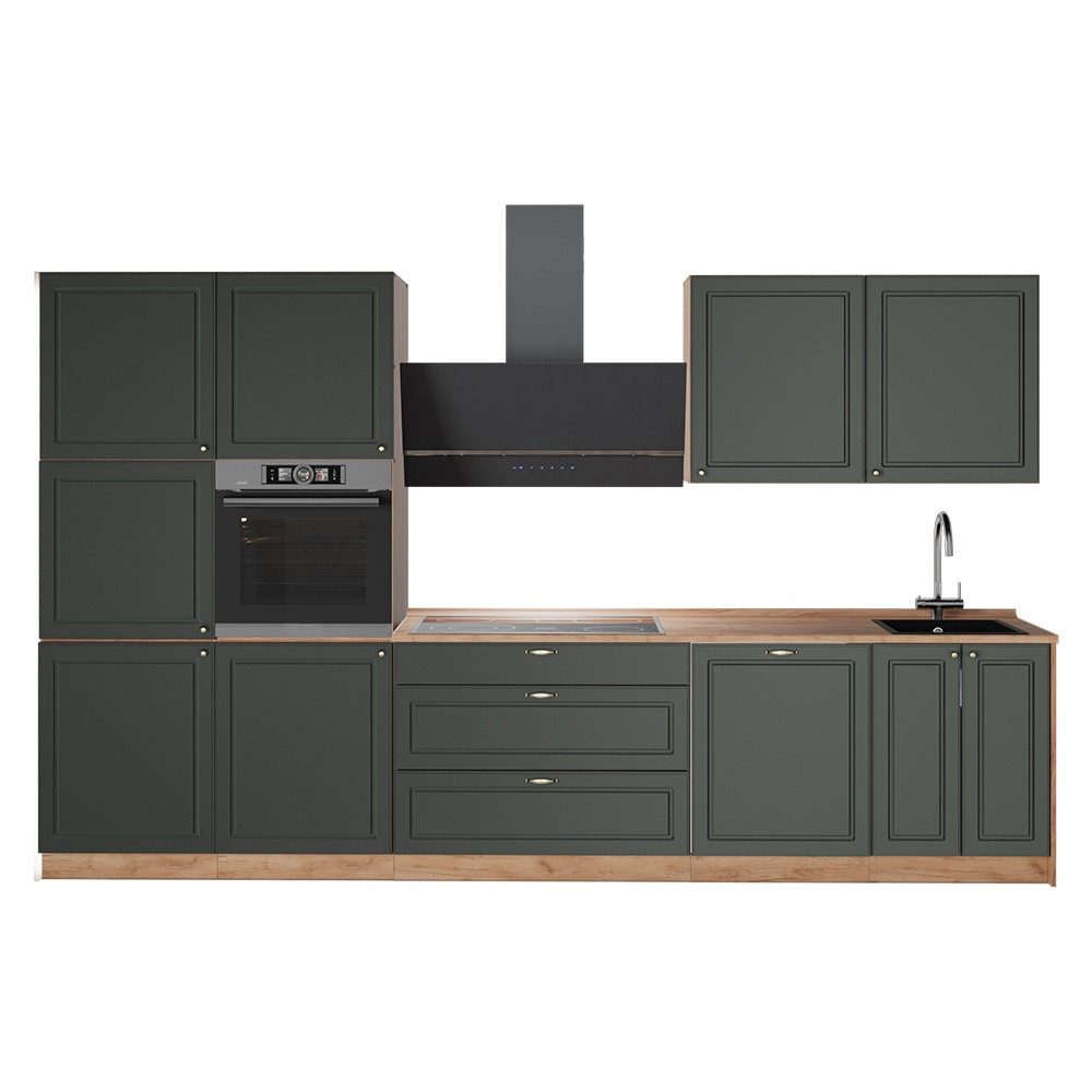 Vicco Küchenzeile Fame-Line, Grün-Gold Landhaus/Goldkraft Eiche, 340 cm, AP Eiche