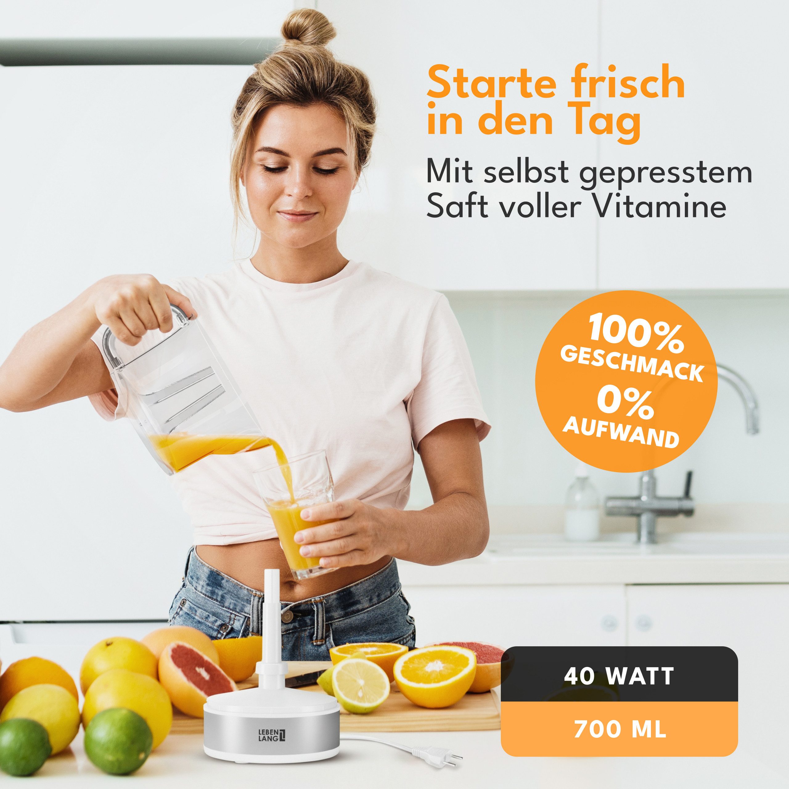 Lebenlang Zitruspresse Saftpresse elektrische Zitronenpresse Orangenpresse, 40,00 W, BPA-freie, zwei Drehrichtungen, spülmaschinenfest, Auto ON/OFF