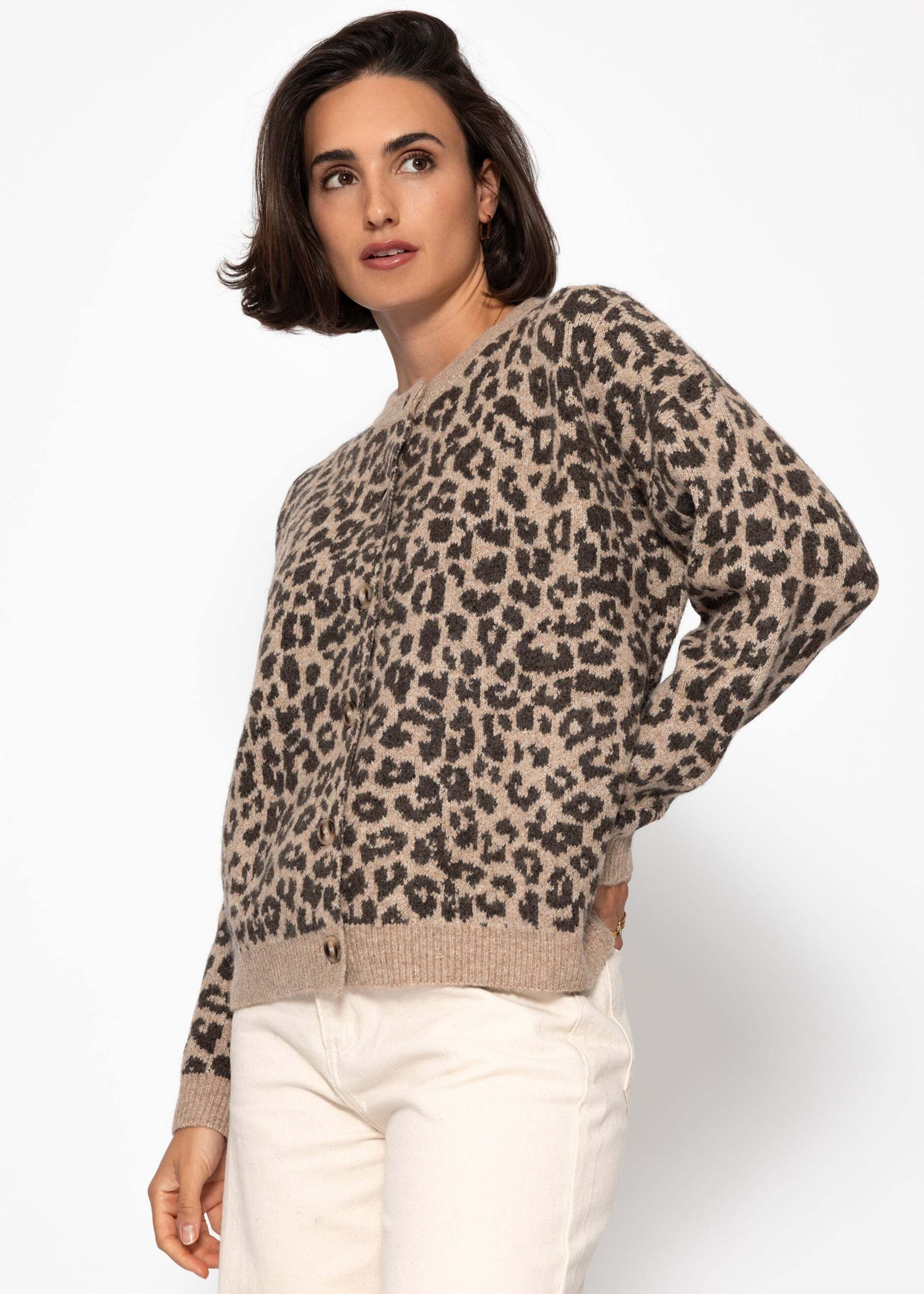 SASSYCLASSY Cardigan Oversize Strickjacke Damen mit Leo-Muster Cardigan mit Wollanteil mit Leopardenmuster Grau Schwarz Beige Braun