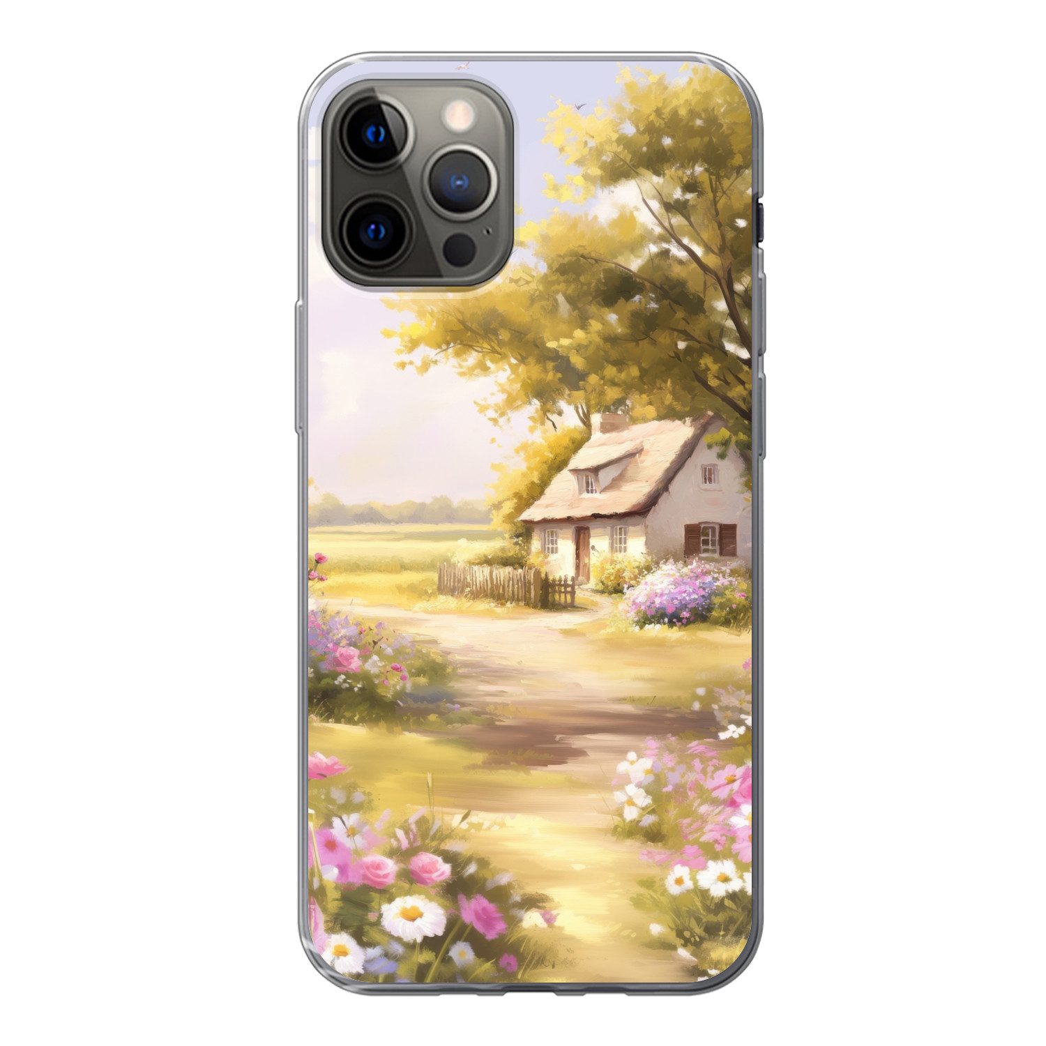 MuchoWow Handyhülle für Apple iPhone 12 Pro Landhaus - Holz - Blumen, Smartphone-Bumper, Print, Handy Schutzhülle Dünn