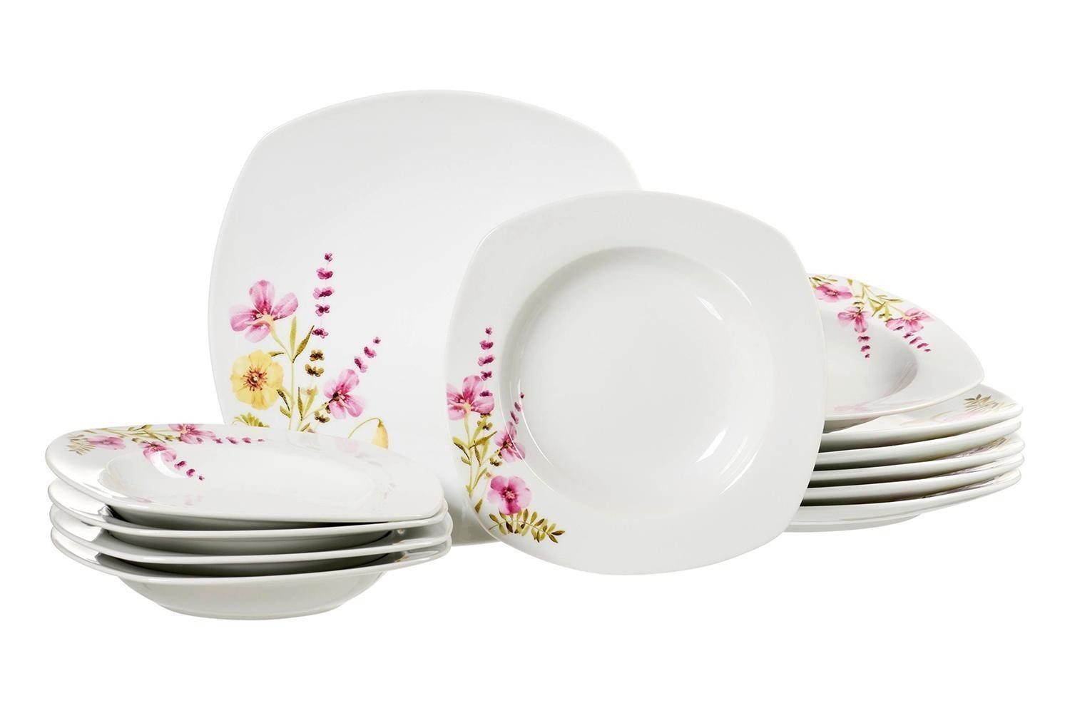 Ritzenhoff & Breker Tafelservice MALVE, 12-teilig, Weiß, mit Blumenmusterung, 6 Personen, Porzellan, Spülmaschinengeeignet