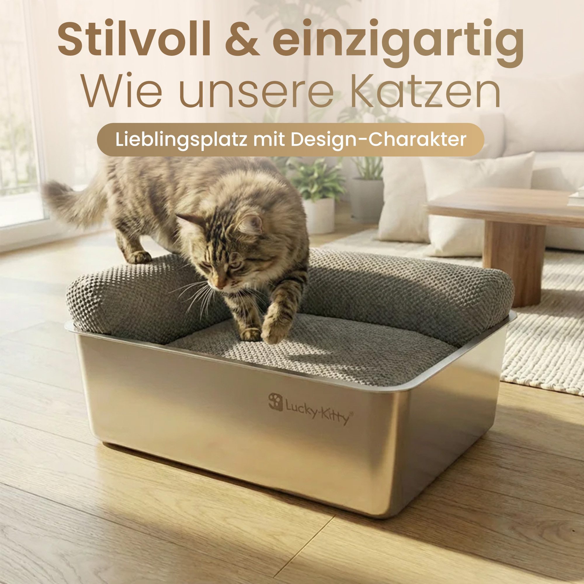 Lucky-Kitty Katzenliege Katzenbett "Luxe" 2-in-1, robuste Metallwanne + herausnehmbares Kissen, Memory-Foam für spürbar gemütlicheres Ruhen, Robust, einfach zu reinigen, waschbarer Bezug