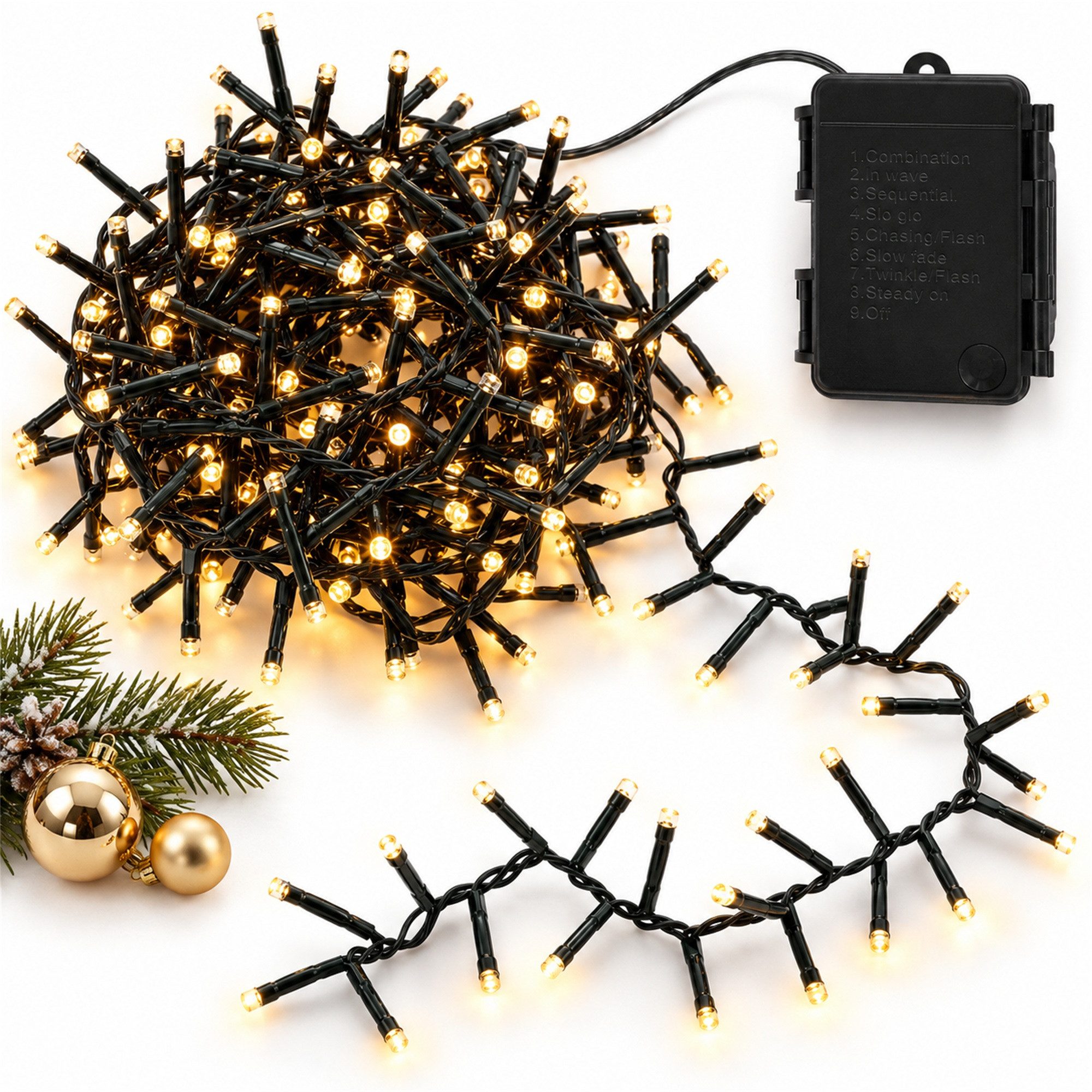 INtrenDU LED-Lichterkette mit 200 LEDs, 4 m, Batterie & Timer, 8 Leuchtmodi, Memory-Funktion, wasserdichtes Batteriefach
