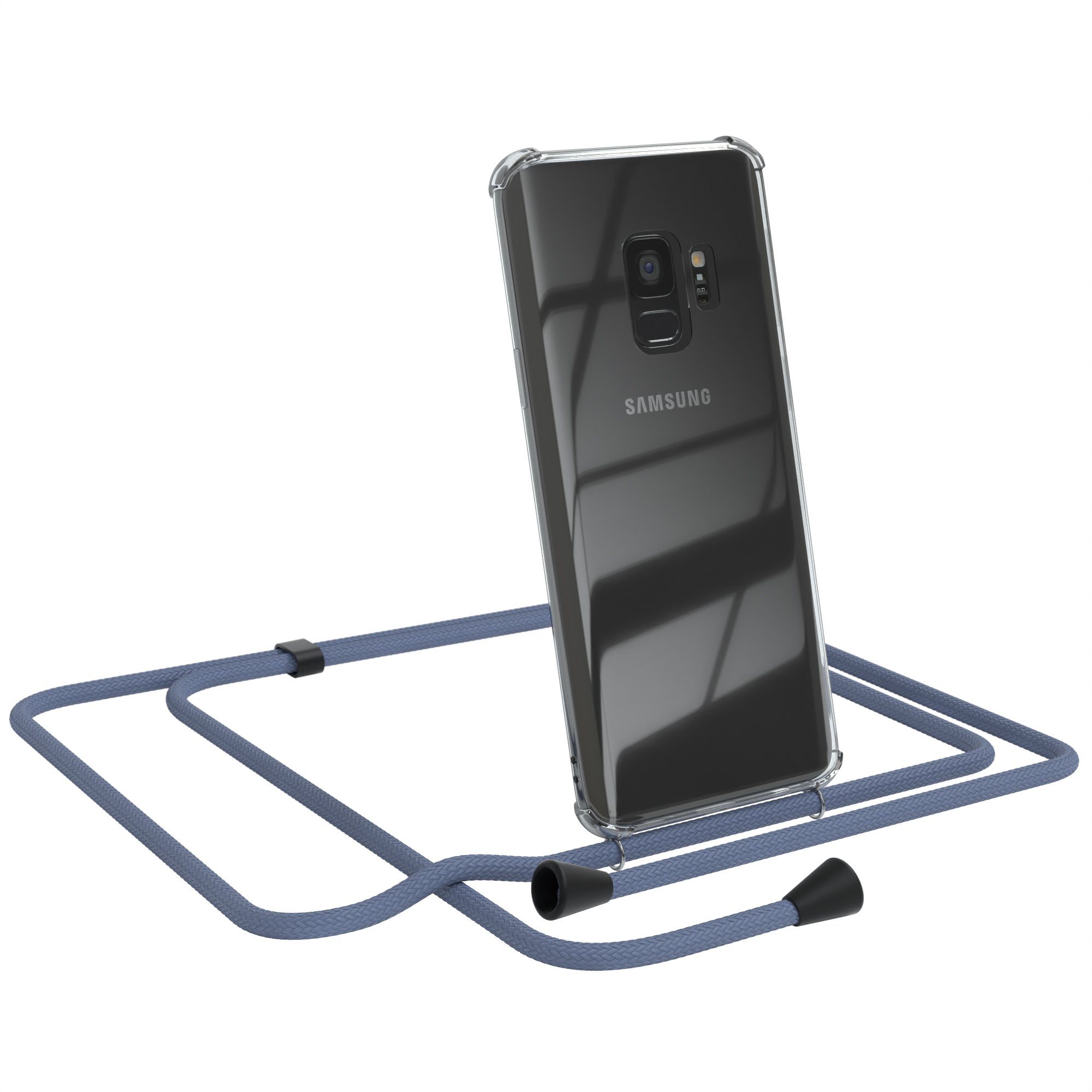 EAZY CASE Handykette Kette Clips Schwarz für Samsung Galaxy S9 5,8 Zoll, Silikonhülle Transparent Handyhülle mit Kordel Kette zum Umhängen Blau