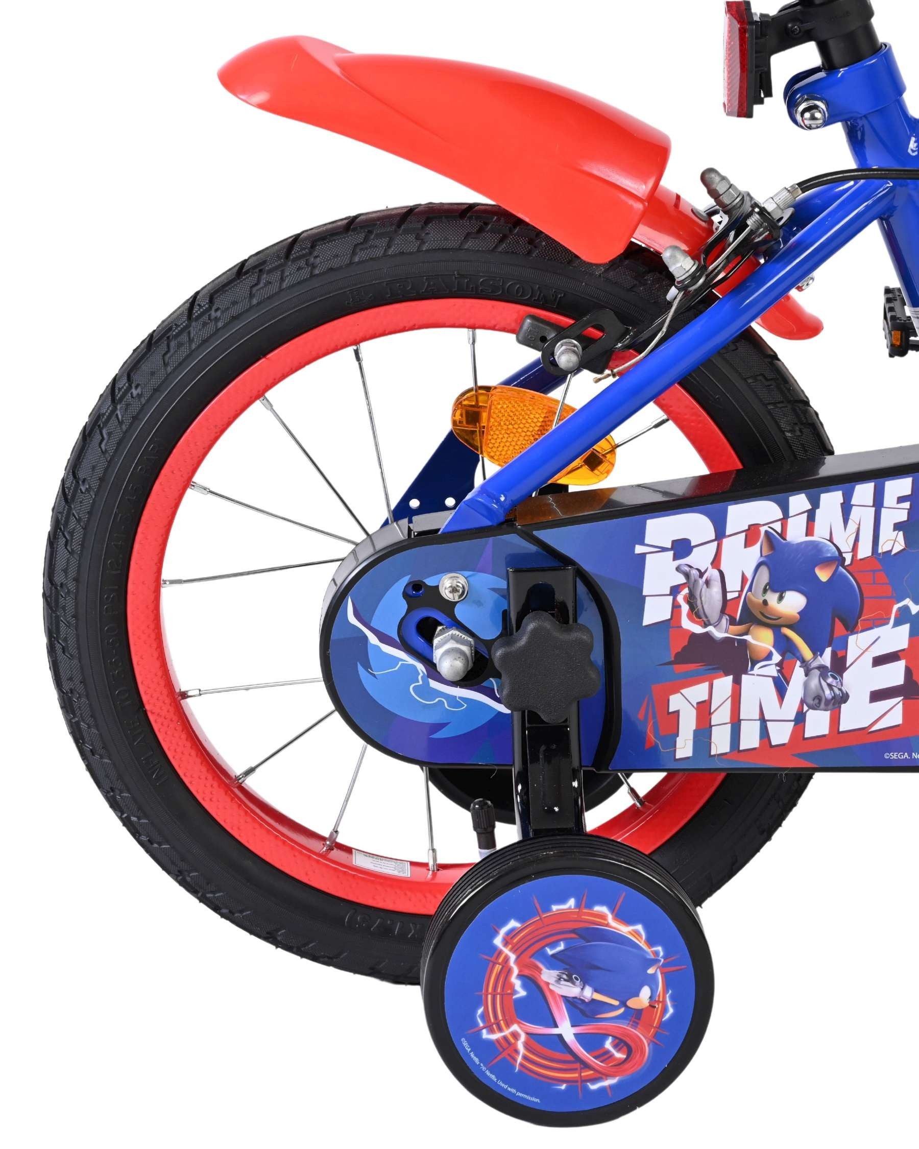 Volare Kinderfahrrad Sonic Prime 14 Zoll für Jungen – Blau/Rot – Zwei Handbremsen, Abnehmbare Stützräder, geschlossener Kettenkasten, Luftreifen