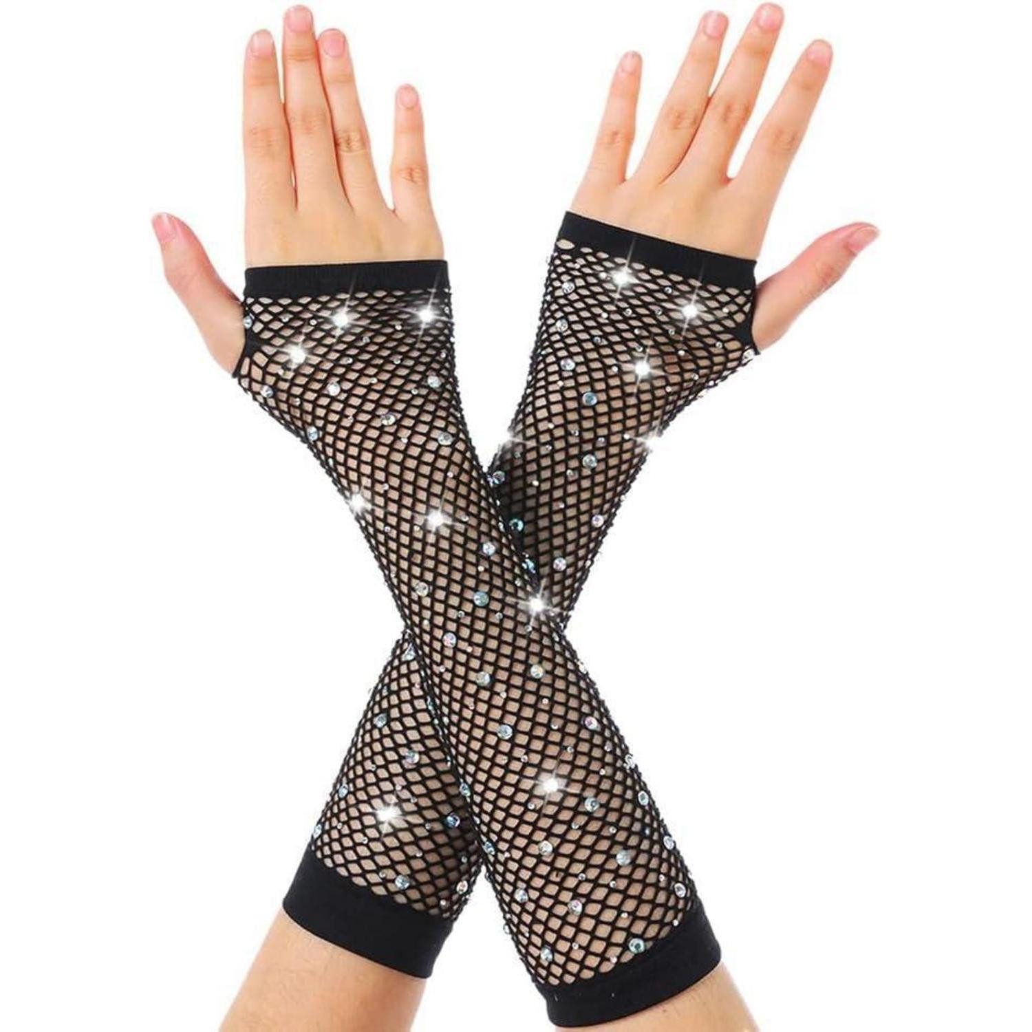 LuxusKollektion Kostüm Netzhandschuhe Damen Lang Schwarz Strass