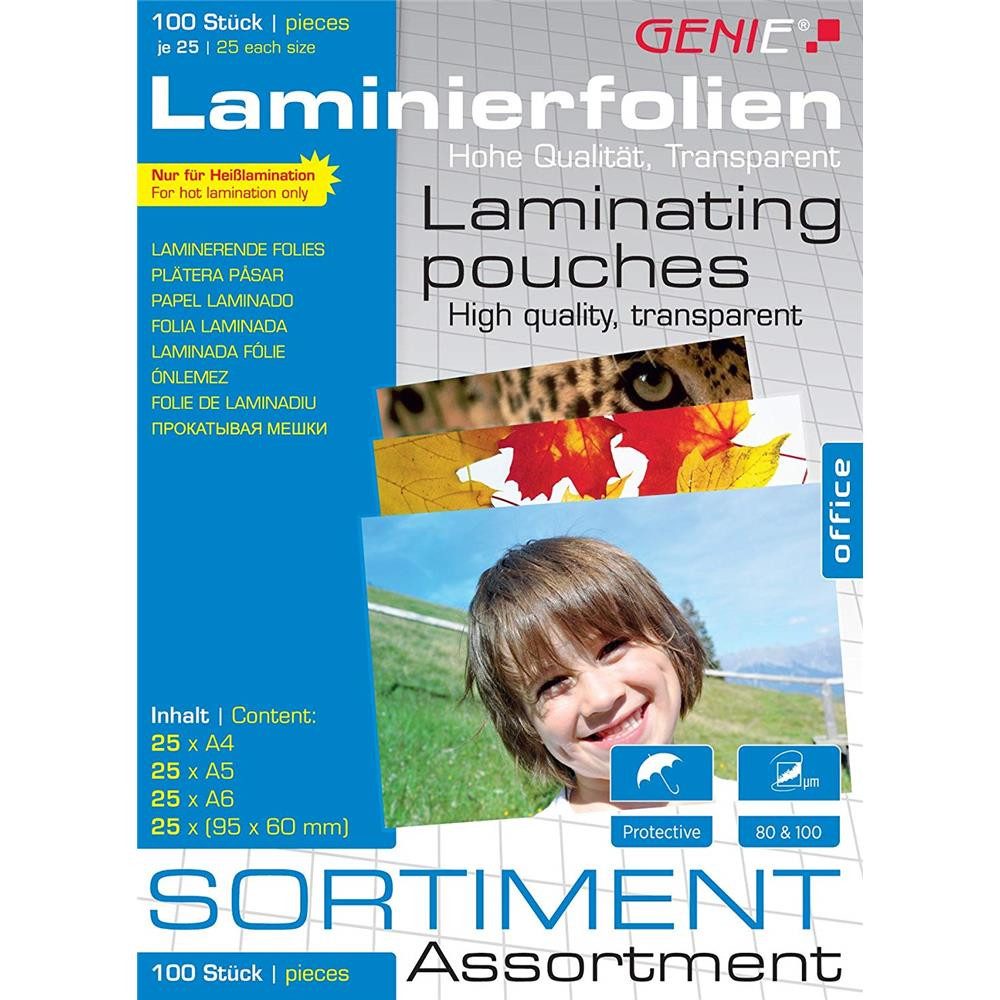 GENIE Laminierfolie 100 Heißlaminierhüllen im Formatmix, Vier Größen, zwei Folienstärken, je 25 Stück, sortiert