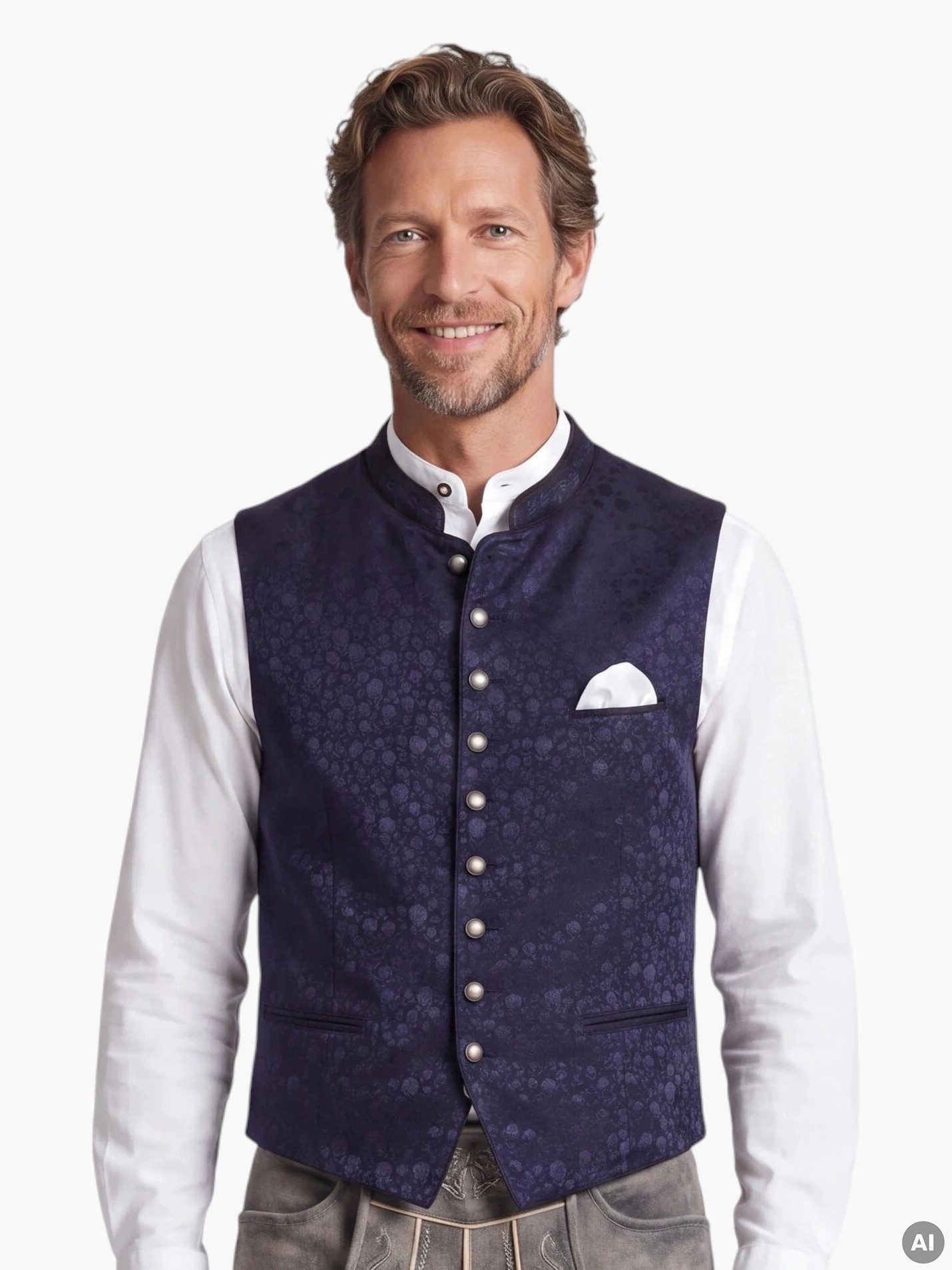 Moschen-Bayern Trachtenweste Alessandro Krüger Trachten-Gilet Weste Marine dunkelblau floral mit Stehkragen