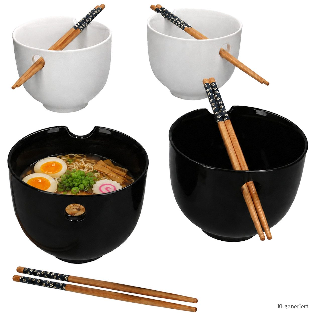 MamboCat Müslischale 4er Set Soft Ramenschalen 500ml Schwarz & Weiß mit Essstäbchen Bowl, Steingut