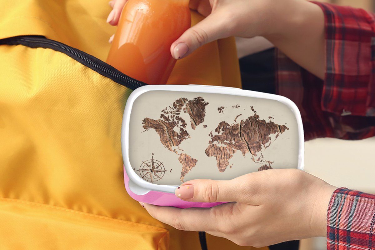 MuchoWow Lunchbox Weltkarte - Snackbox, Mädchen, Holz Windrose, Kunststoff, rosa (2-tlg), Erwachsene, Brotdose Kunststoff Brotbox - für Kinder