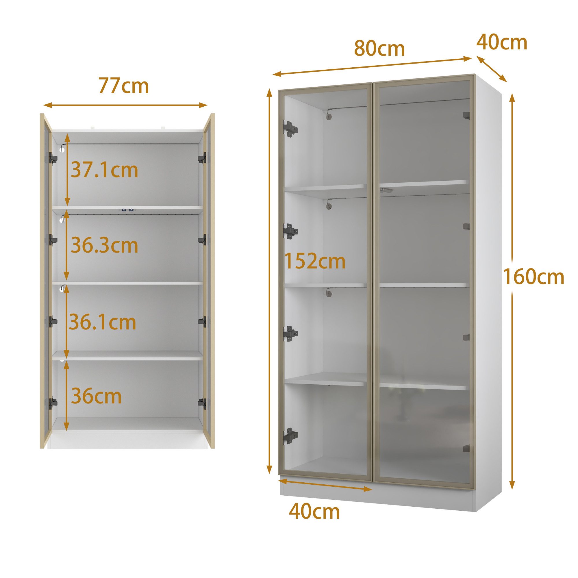 FUFU&GAGA Glasvitrine Vitrine mit Glastüren und LED-Beleuchtung, MDF+Glas, 80×40×160 cm – Bild 4 von 5