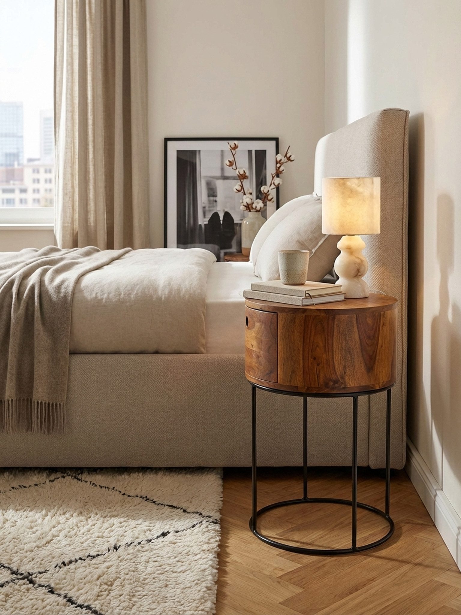 KADIMA DESIGN Nachttisch Nachtkonsole mit Schublade aus Massivholz, rund, modern, vormontiert (Handgefertigt aus Naturmaterial, ideal als Beistelltisch nutzbar) – Bild 5 von 5
