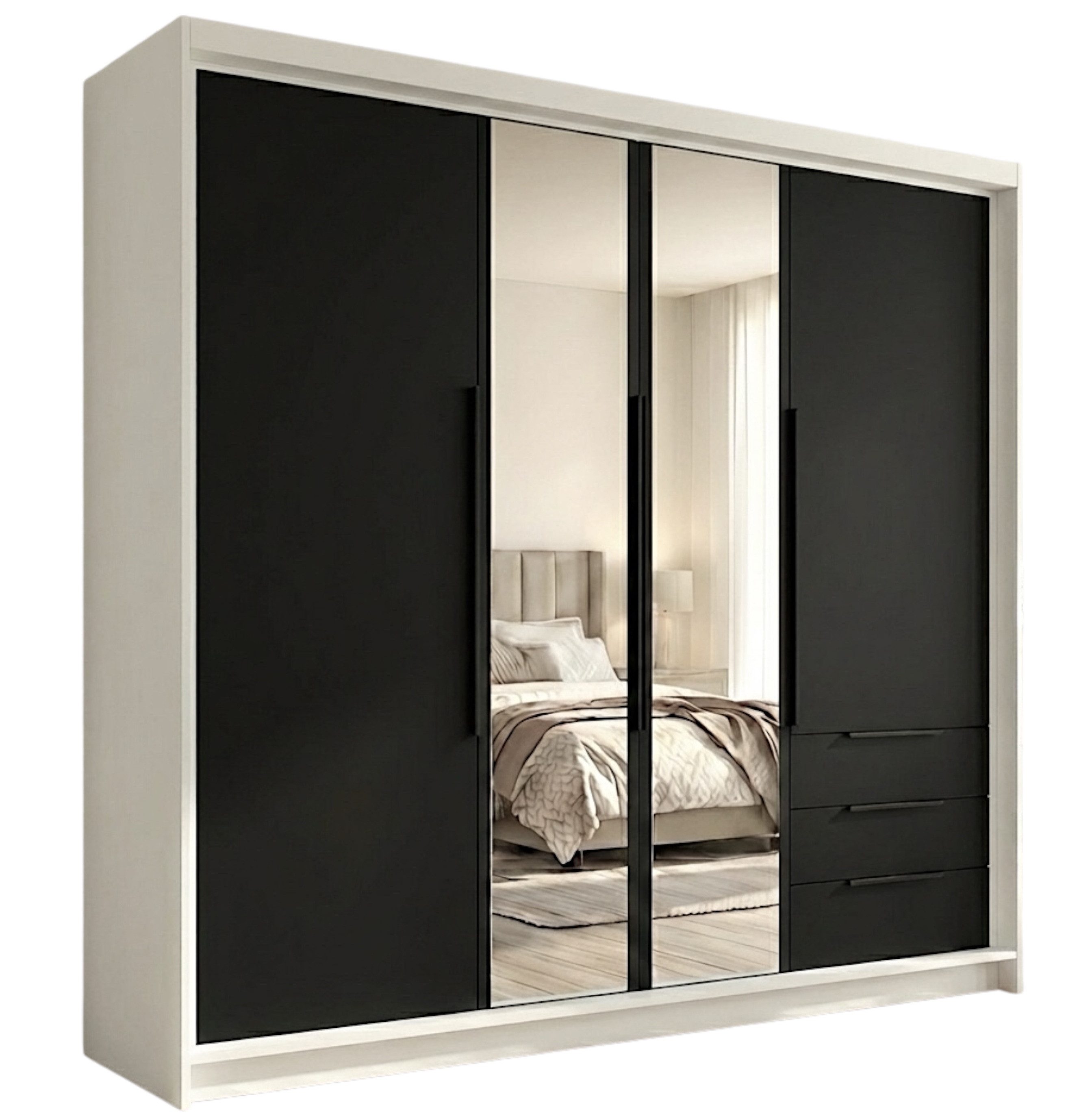 A&J MöbelLand GmbH Drehtürenschrank VIVO mit integrierten Schubladen (Geräumiger vier¬türiger Kleiderschrank mit Schubladen und Metallgriffen. Geräumiger Schrank mit einer Breite von 200 cm und Schubladen, ideal zur Aufbewahrung von Kleidung und Accessoires. Viel Stauraum. TOP PRODUKT! Wählen Sie das ideale Modell für Ihr Schlafzimmer!, TOP ANGEBOT) Breite: 200 cm, Höhe: 215 cm, Tiefe: 59,5 cm