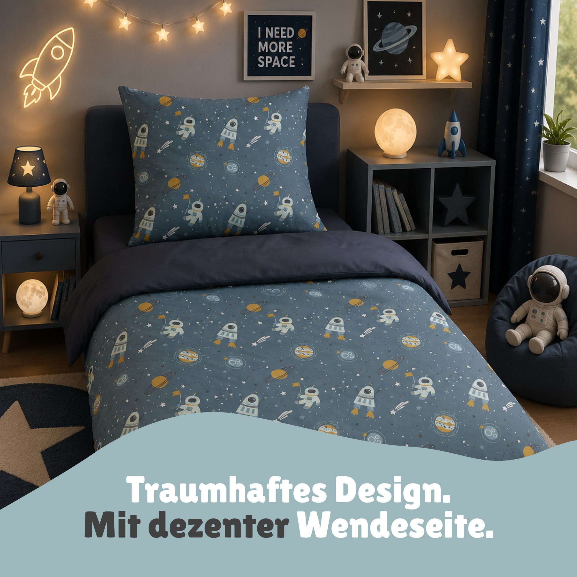 Familando Kinderbettwäsche Rakete Planeten 135x200 80x80 cm Weltall Bettwäsche Baumwolle, Renforcé, 2 teilig, mit liebevollem Motiv für Mädchen und Jungen