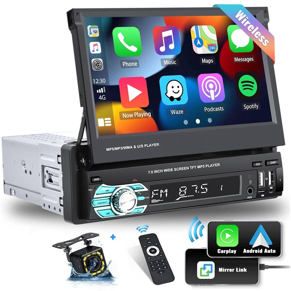 Hikity 1DIN 7-Zoll-HD-Autoplayer Einziehbar Autoradio (Mirro link, FM, BLUETOOTH, Unterstützung TF/USB/Typ C Rückfahrkamera, Kabelloses Carplay und Android Auto)
