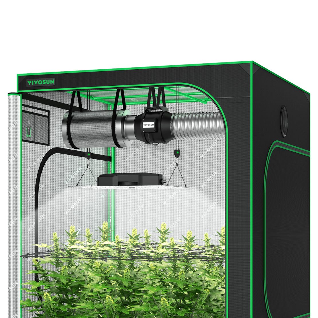 VIVOSUN Gewächshaus VIVOSUN Standard Growbox Komplettset, BxTxH: 150 x 150 x 200 cm, Komplettsystem inkl. Beleuchtung, Belüftung und Zubehör, 400W VS4000 LED-Lampe, AeroZesh R6 Abluftsystem 15cm & Drehzahlregler