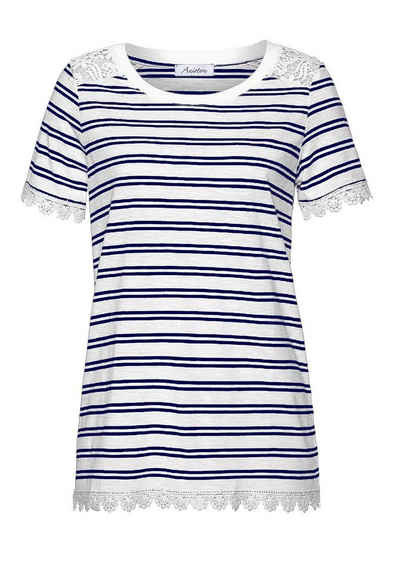 Aniston CASUAL Print-Shirt ANISTON Damen Shirt mit Spitze, weiß-marine