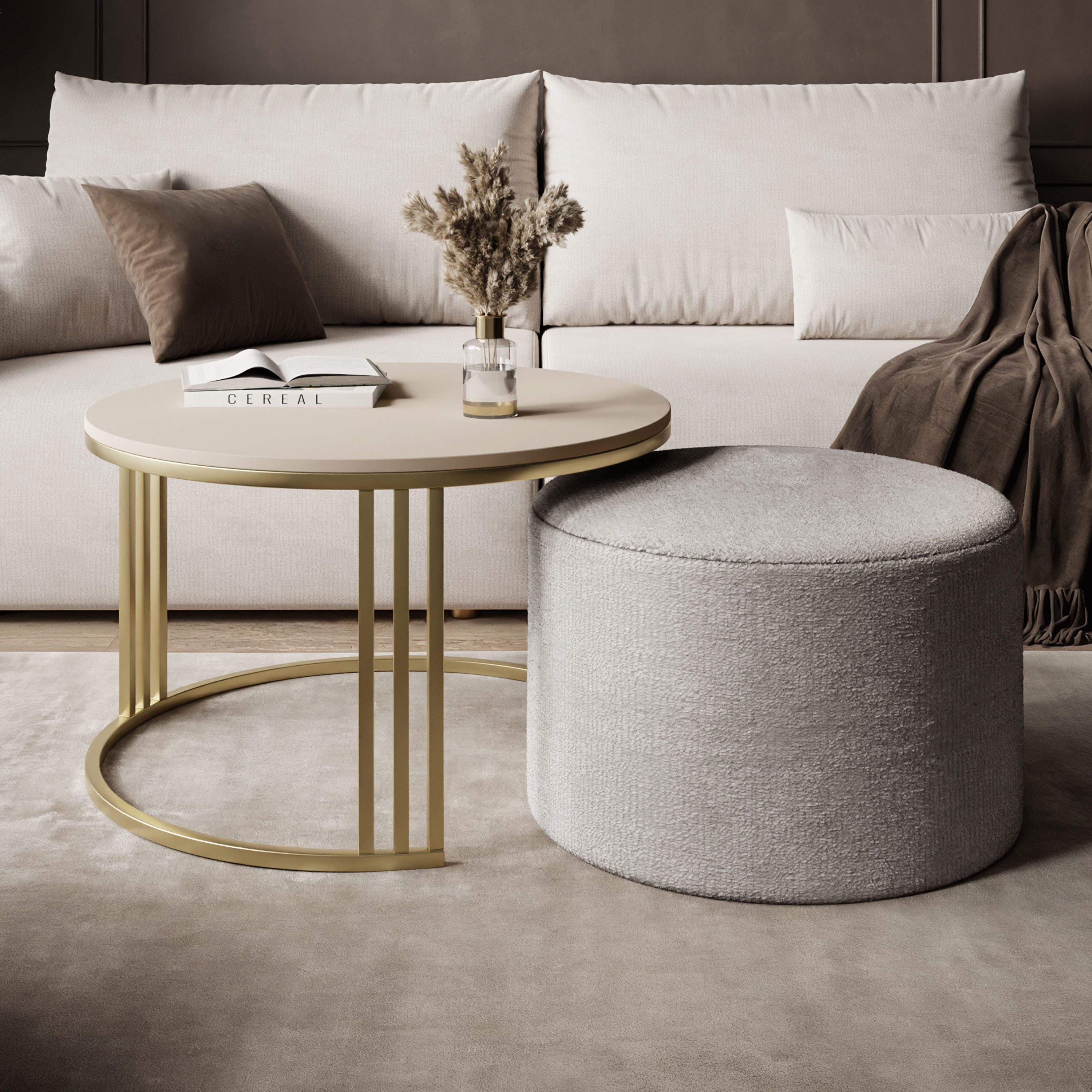 Lookway Couchtisch LORI MATT mit Hocker auf einem gebürsteten goldenen Gestell (1 Tisch mit Hocker), Durchmesser: ⌀70 cm